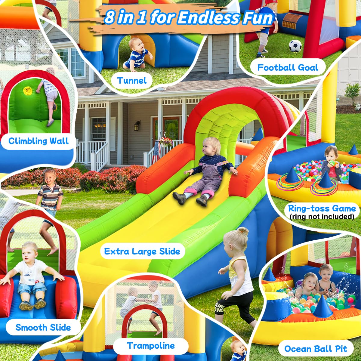 Hongcoral Inflatable Bounce House, 8 in 1 Large Bounce Castle with Blower for Kids and Toddlers, Outdoor Indoor Backyard Inflatable Bouncers with Two Slides