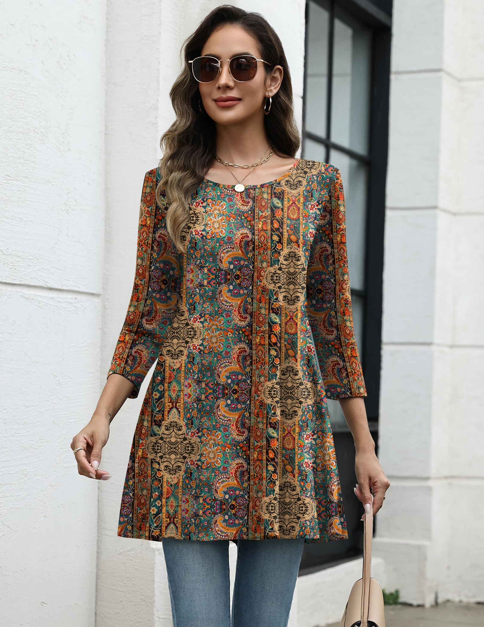 Zeagoo Womens Boho Tops Round Neck 3/4 Sleeve Shirt Fashion Casual Tunic Blouse Summer Loose Fit Tee Tops
