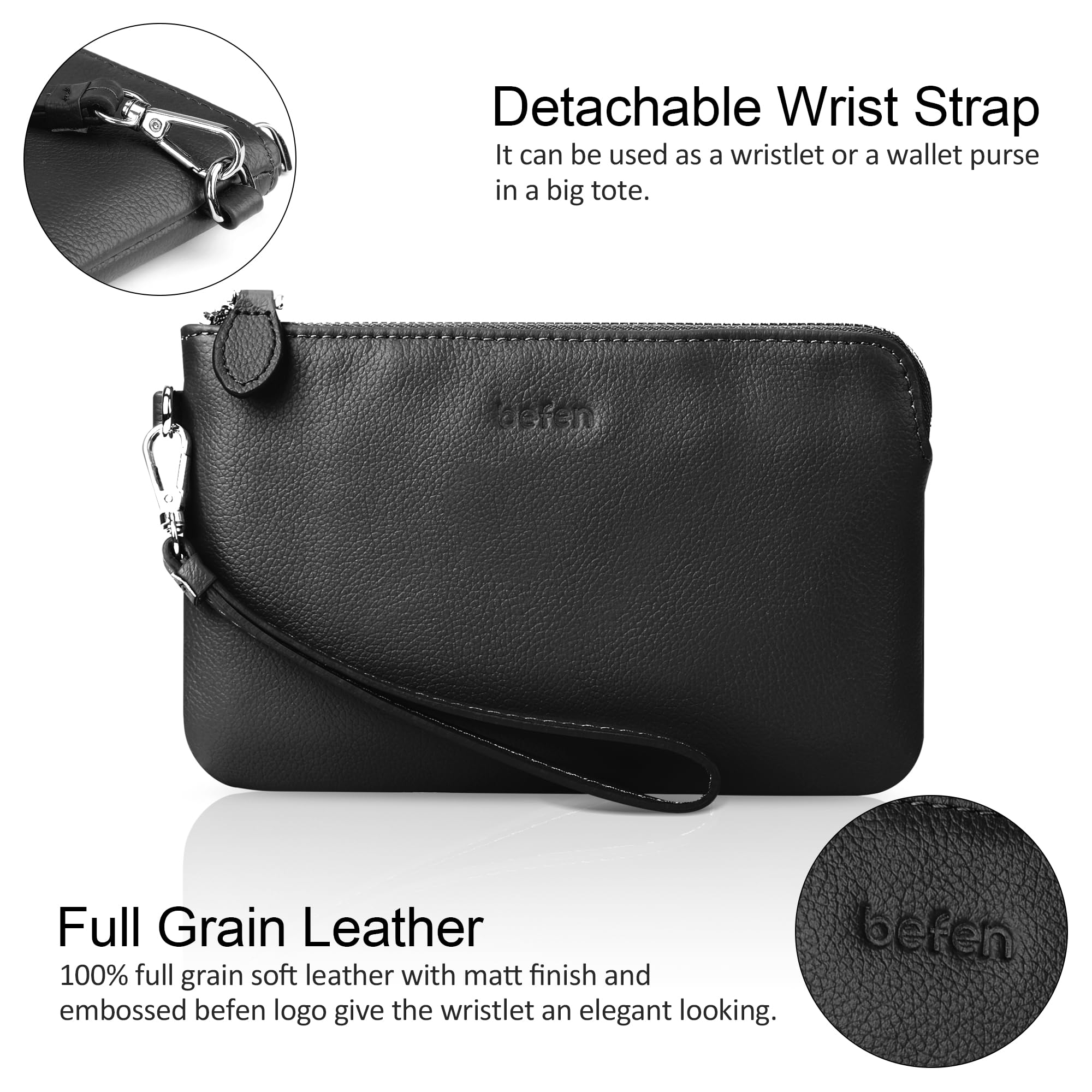 befen Women's Genuine Leather Wristlet Clutch Purse Ladies Slim Corner Zip Wallets, Silver Zipper (A01 Black)