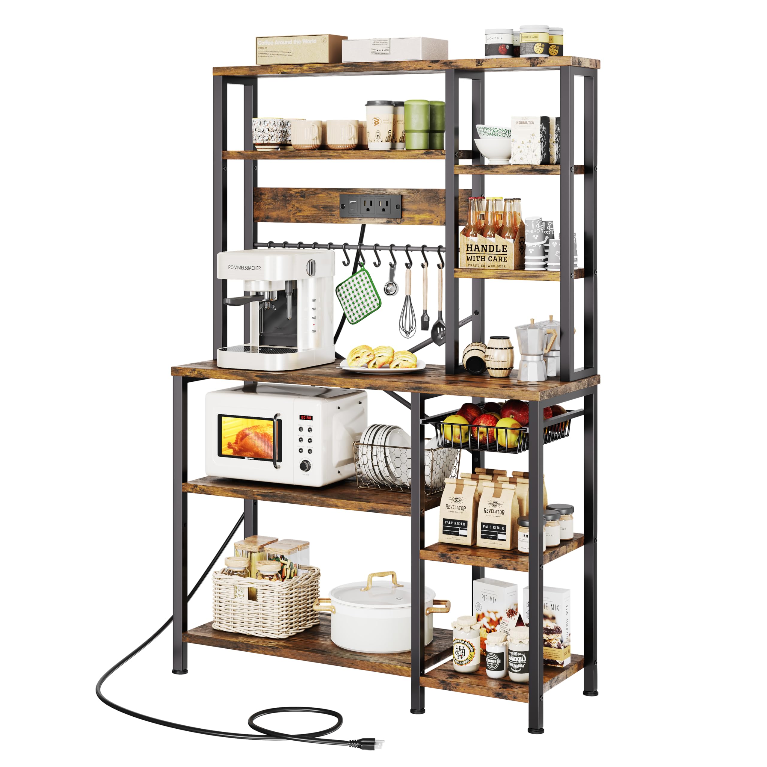 GRUSIGN Kitchen Bakers Rack with Storage, 6-Tier Coffee Bar Station with Power Outlet, Microwave Stand with 12 S-Shaped Hooks, Open Kitchen Storage Shelves for Spices, Pots and Pans, Rustic Brown