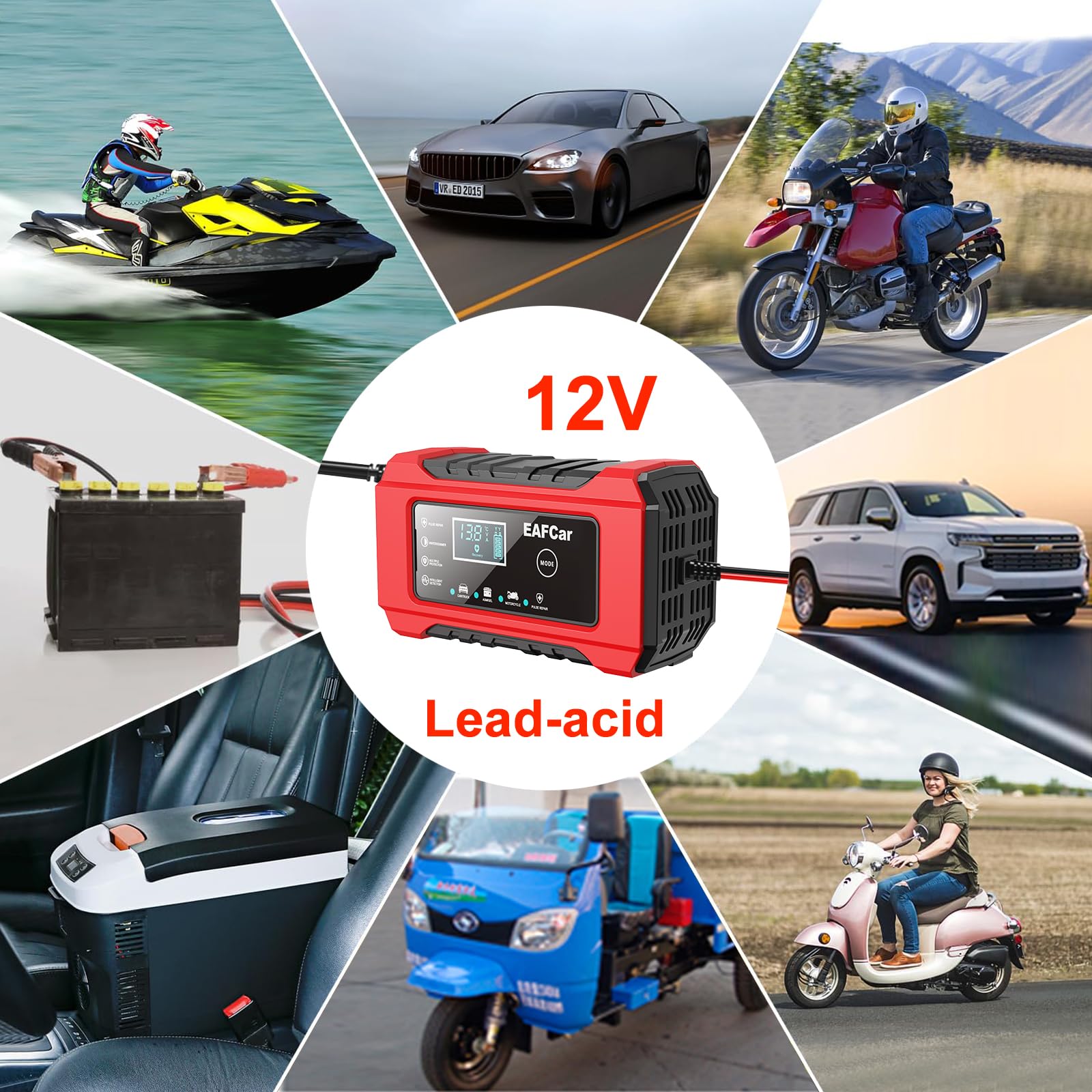 EAFCar 12V 6A Car Battery Charger, Trickle Charger and Maintainer, Smart Fully Automatic Battery Charger w/Temperature Compensation for Lead Acid Battery Charging and Maintenance