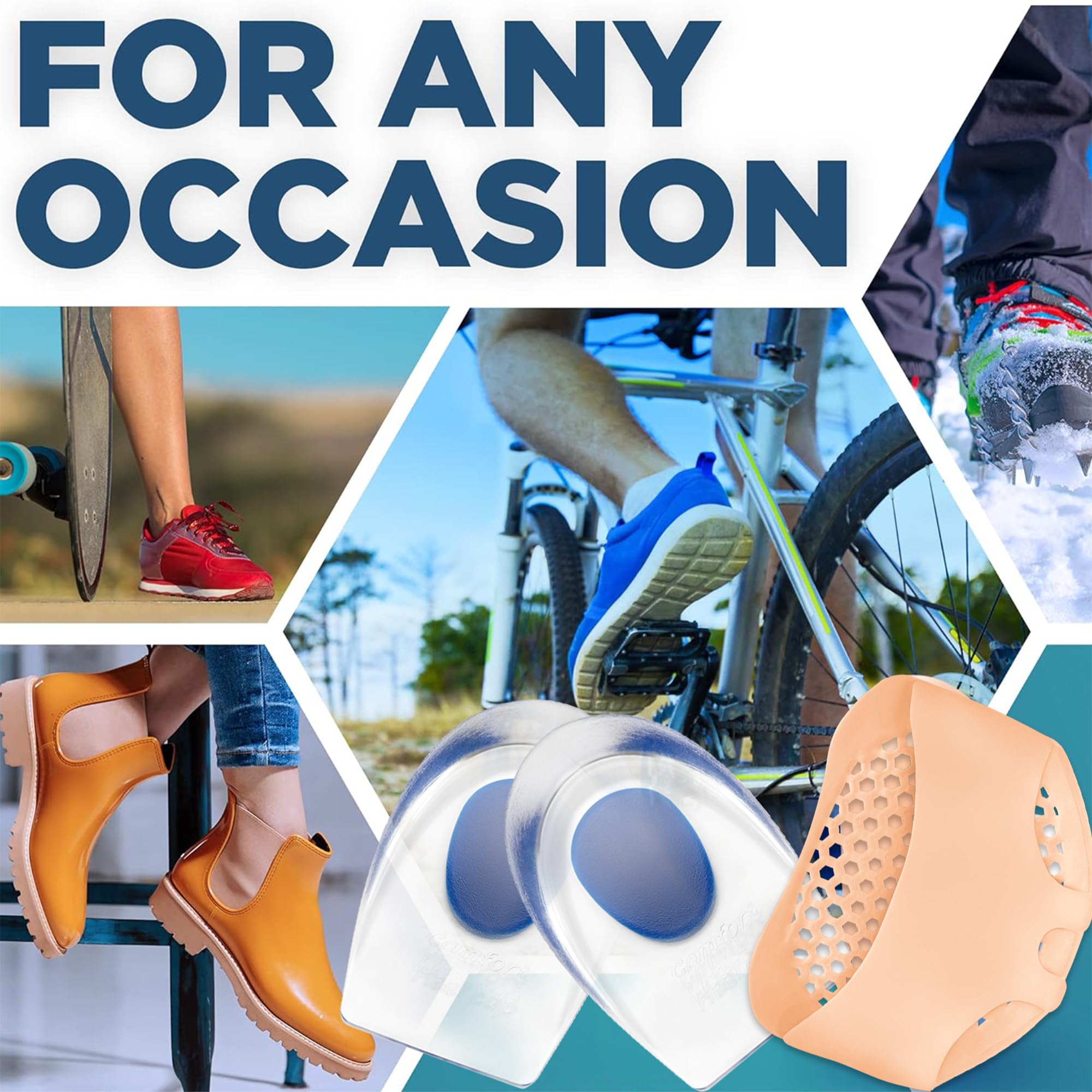 Gel Silicone Heel Cups/Pads, 2 Pack Heel Lifts for Achilles Tendonitis, 4 Pcs for Women & Men and Metatarsal Foot Pads for Pain Relief, 4 Pcs Soft Gel Reusable Breathable Sleeve Pads