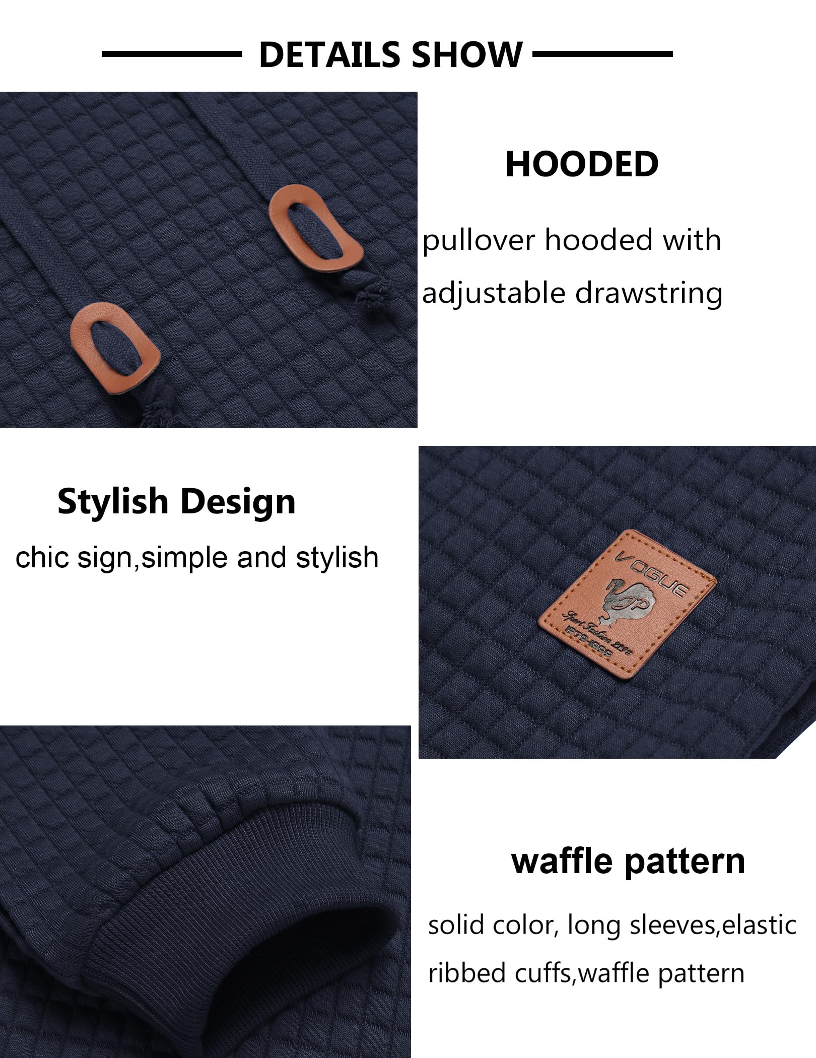COOFANDY Men's Basic Sweatshirt Long Sleeves Hooded Drawstring Waffle Knit Hooded Sweatshirts Navy Blue