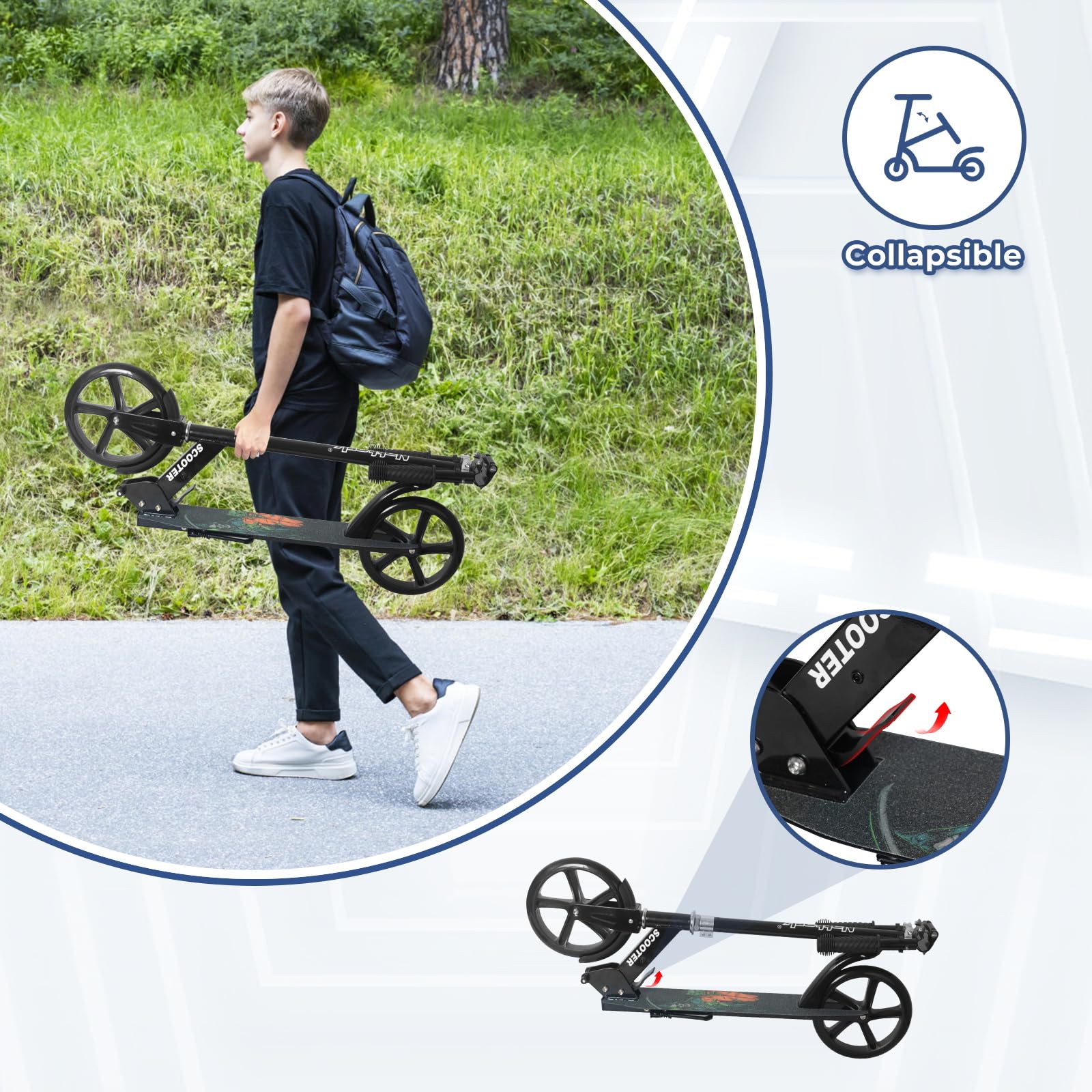Nattork Scooter for Kids 8-12, Teens and Adults- Adjustable Height Folding Kick Scooter with Large Sturdy Wheels for a Smooth Ride, Lightweight, Anti-Shock Suspension for Boys and Girls-Black