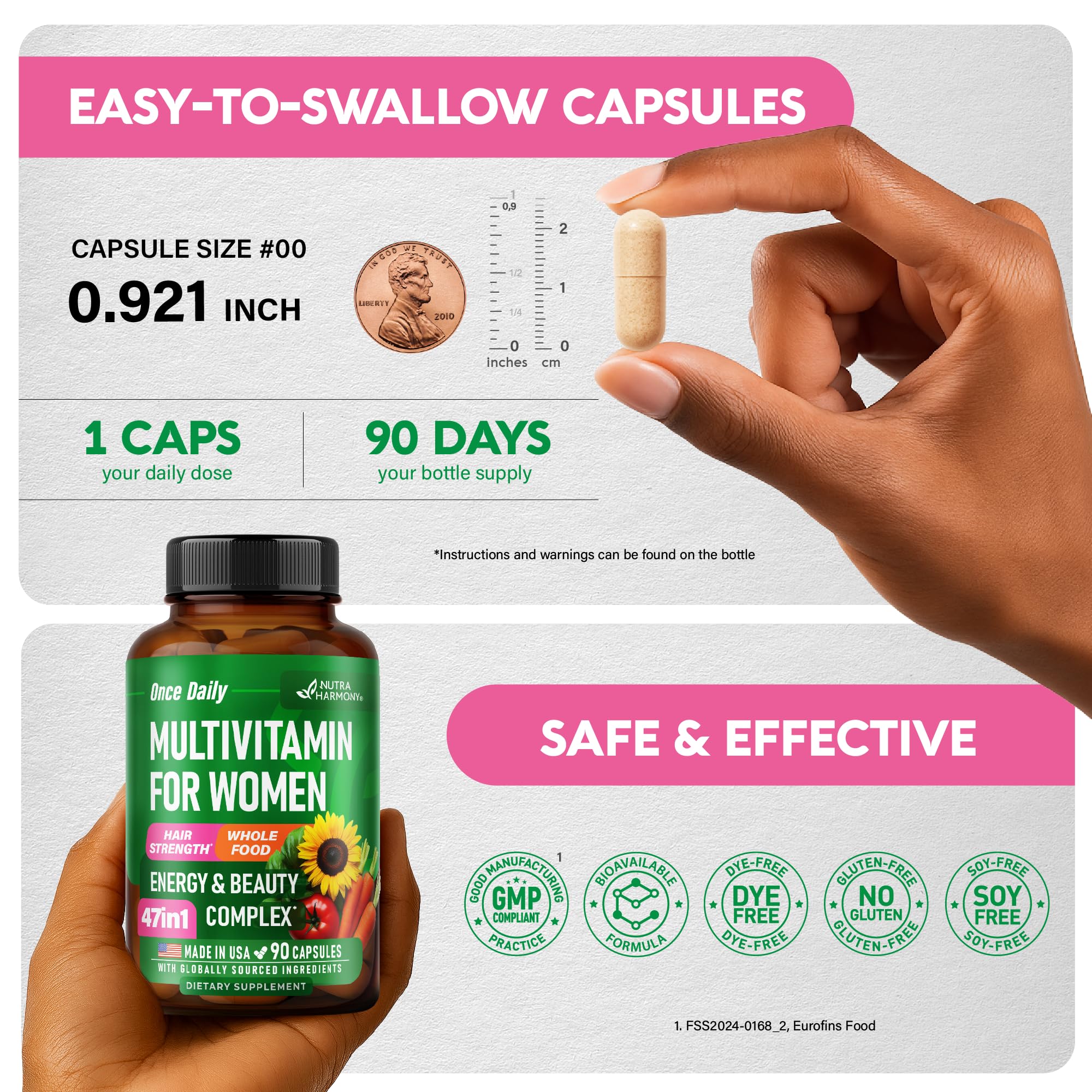 Multivitamin for Women - B-Complex | Whole Foods | Hair Growth Support | Digestion & Metabolism | Iron - 47in1 Womens Multivitamin - Bioavailable & Gentle on Stomach - Made in USA - 90 Capsules