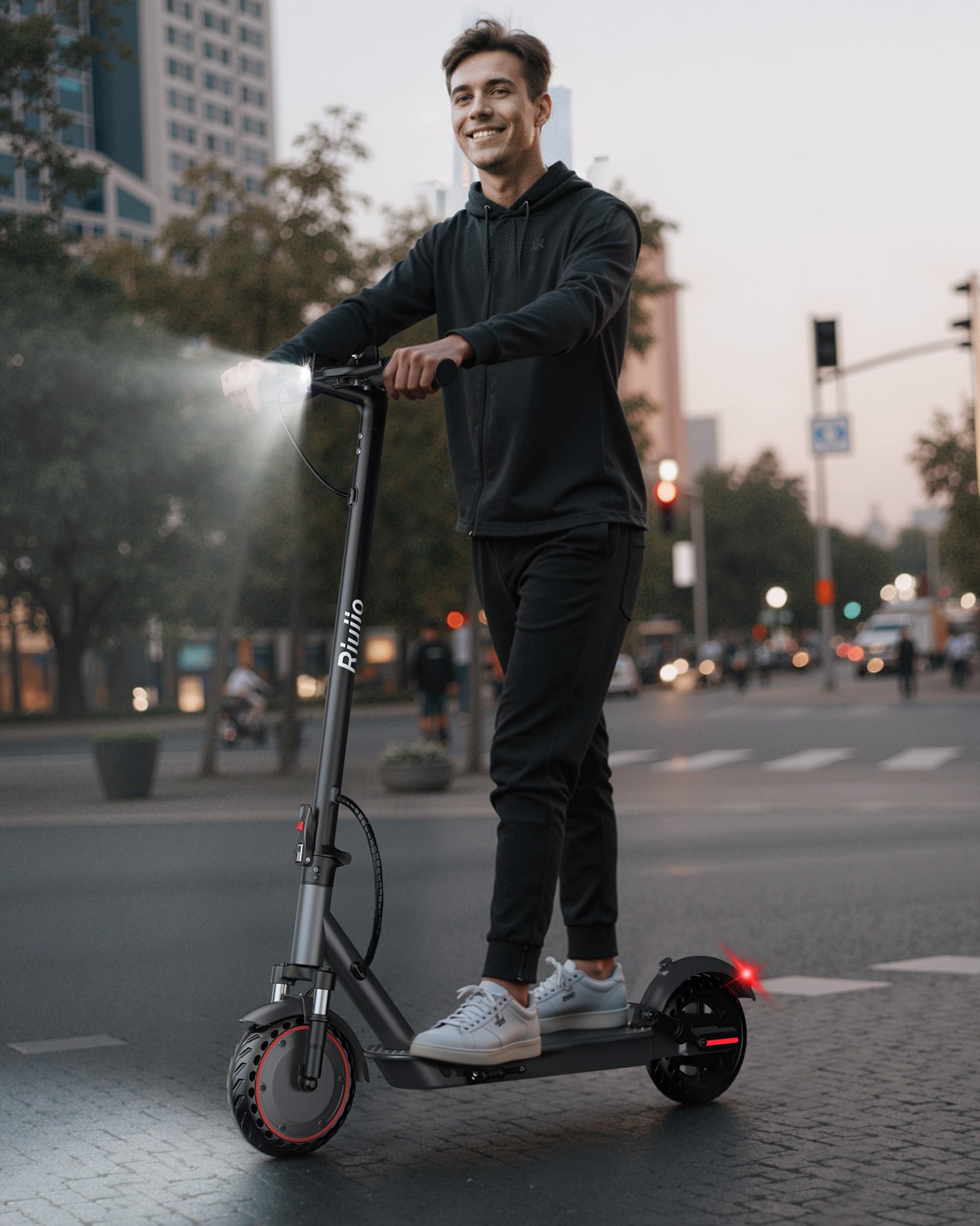 Riuiio Electric Scooter for Adults - 19MPH, 21-Mile, Dual Suspension, 8.5" Solid Tires, 350W Motor, UL2272 Certified Foldable Commuting E-Scooter with App Control, Black