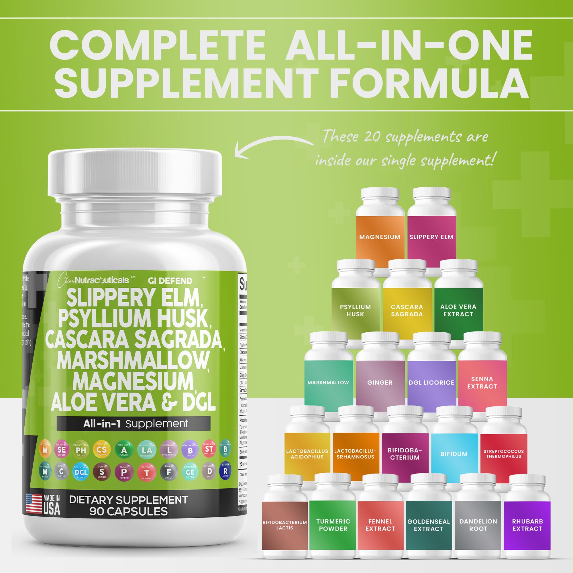 Clean Nutraceuticals Slippery Elm 5000mg Psyllium Husk 2000mg Pre Probiotic Digestive Gut Health Supplement with Aloe Vera Cascara Sagrada 2000mg Marshmallow Root DGL Licorice Senna Extract