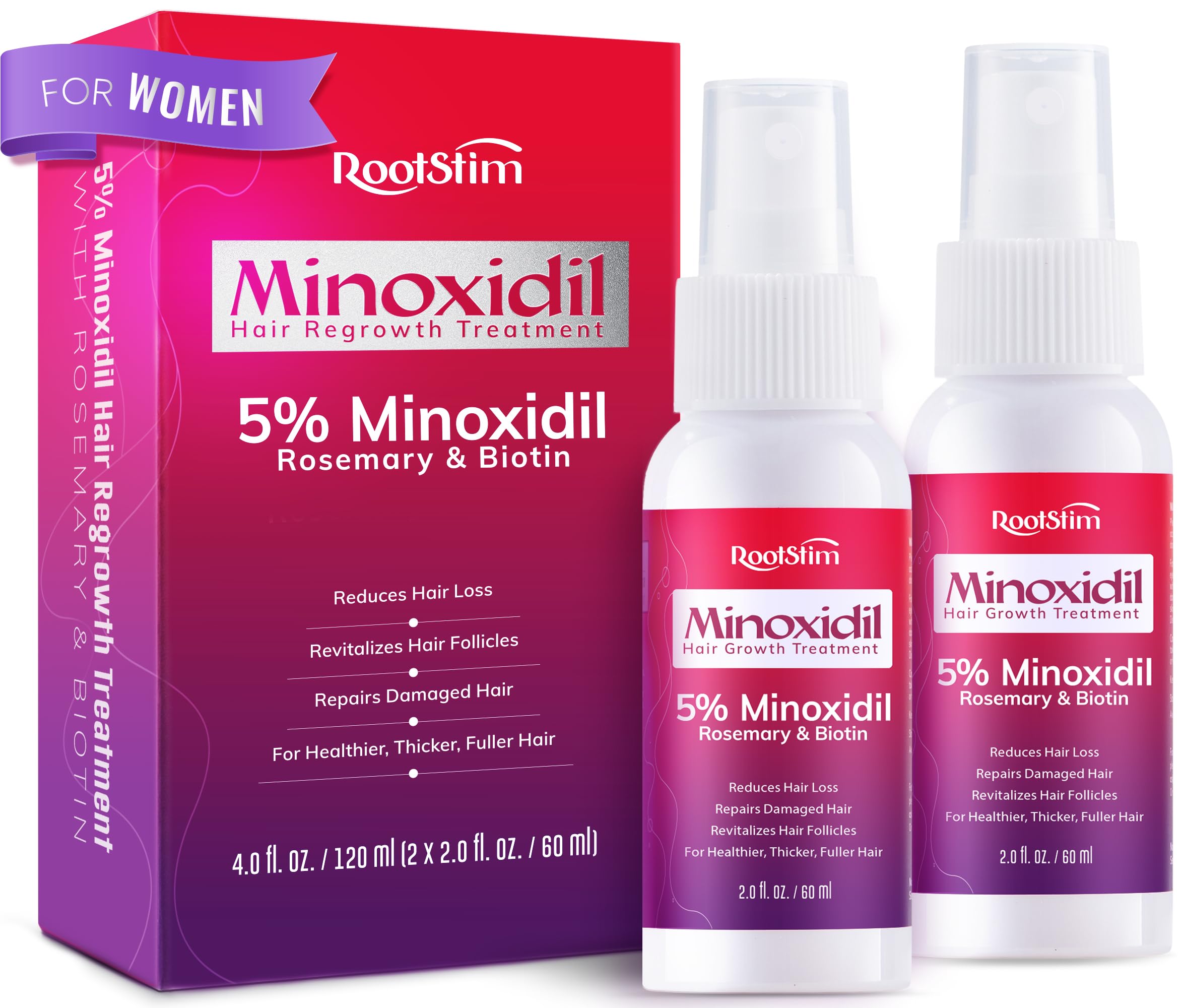 Women's 5% Minoxidil Spray for Hair Growth: 2-Pack RootStim Extra Strength Minoxidil with Rosemary & Biotin for Thinning Hair Regrowth and Fuller Hair - 60ML Each