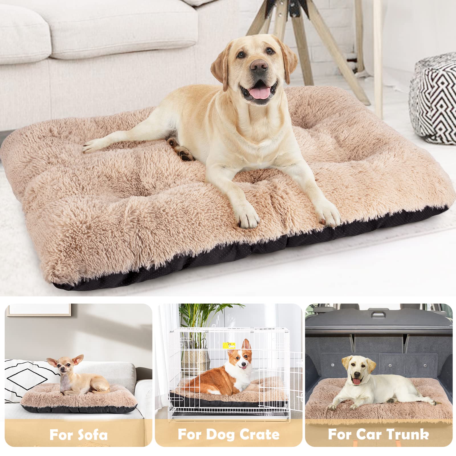 JOEJOY Large Dog Bed Crate Pad, Ultra Soft Calming Dog Crate Bed Washable Anti-Slip Kennel Crate Mat for Extra Large Medium Small Dogs, Dog Mats for Sleeping and Anti Anxiety,40" x 27", Beige