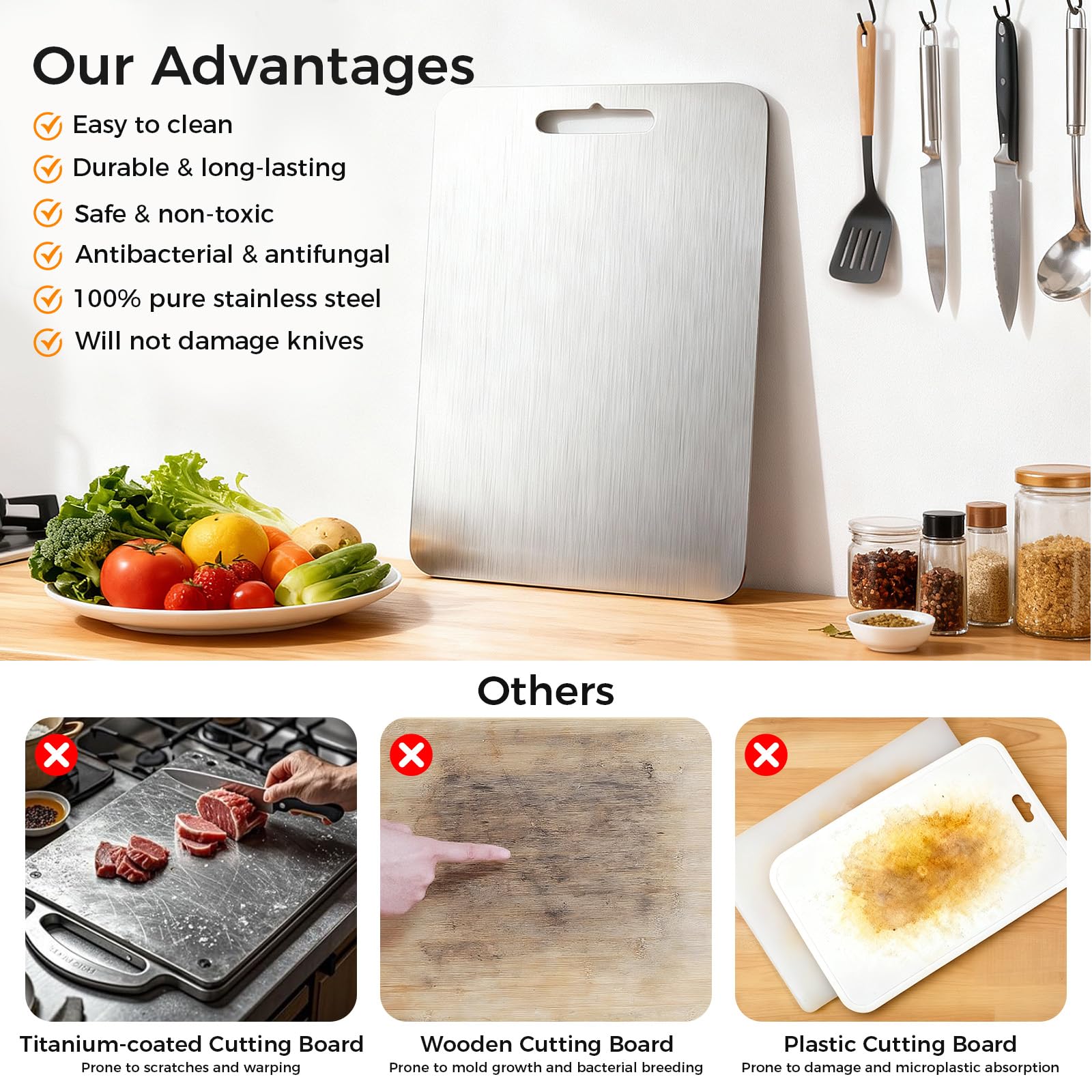 3 Pack Stainless Steel Cutting Board, Upgraded Food-Grade Cutting Boards for Kitchen,Double-Sided Non Toxic Cutting Board, Dishwasher Safe, kitchen Appliances for Fruits, Vegetables, Meat(S+M+L)