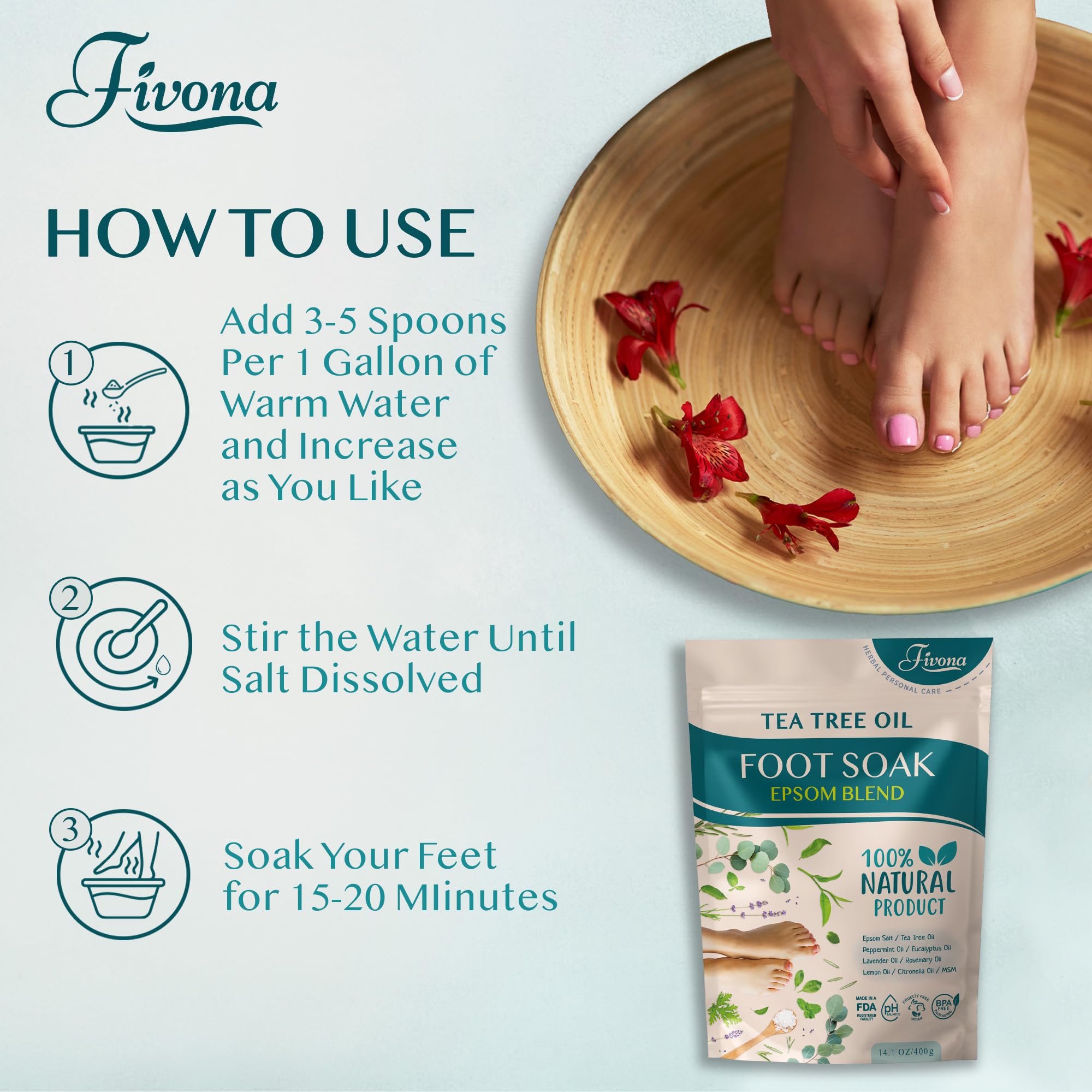 Fivona 2 in 1 Foot Care Kit - Epsom Salt Foot Soak Blend with Tea Tree and Essential Oils - Double-Sided Foot File Stainless Steel Pedicure Tool for Cracked Heels, Callus Remover