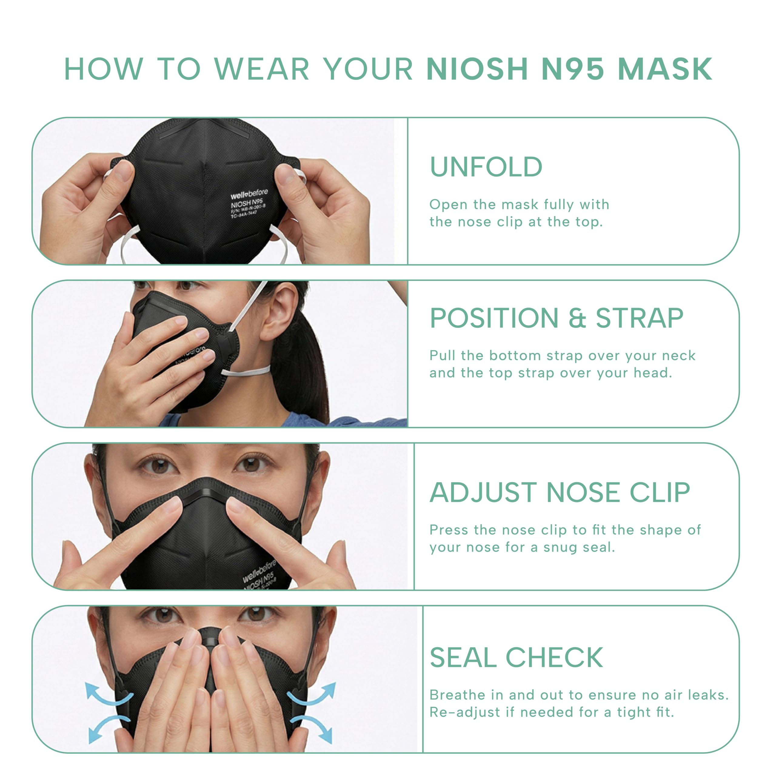 Well Before N95 Mask - NIOSH Approved Respirator (Black, Pack of 20), Lightweight design, Breathable and comfortable for long periods of wear, N95 Masks For Adults