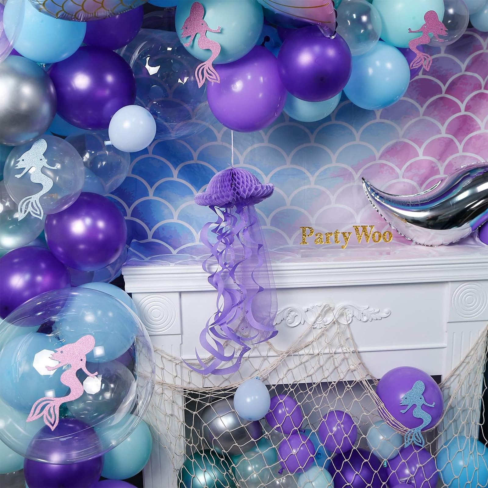 PartyWoo Mermaid Balloons Garland Kit, 180pcs Mermaid Backdrop, Mermaid Tail Balloons, Mermaid Stickers, Paper Jellyfish, Giant Bobo Balloons, Green Silver Purple Metallic Balloons, Blue Mint Balloons