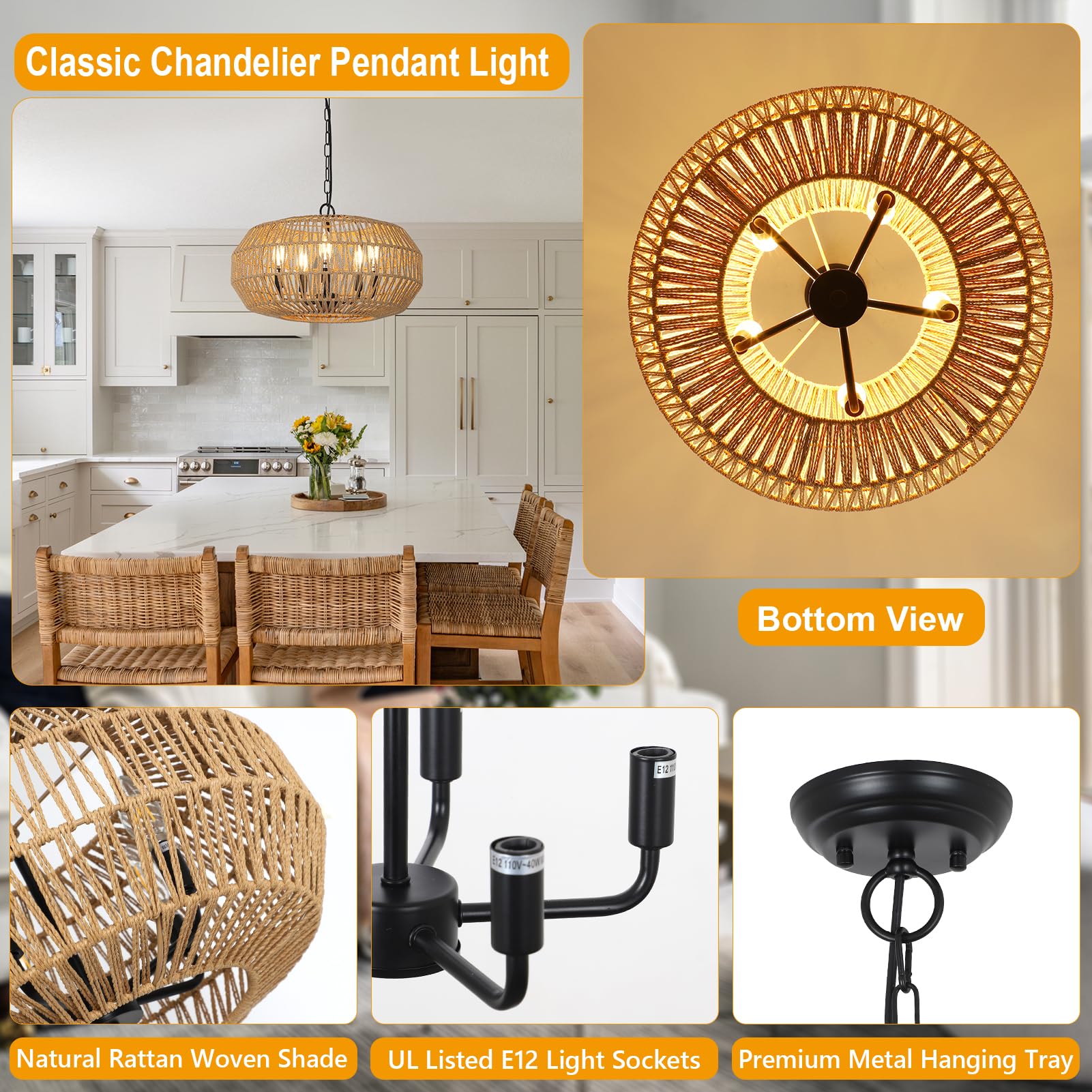 Stepeak Large Farmhouse Chandelier Light Fixtures, 5-Lights Boho Rattan Pendant Lighting with Woven Wicker Shade, Coastal Basket Chandeliers for Dining Room Living Room Kitchen Island Bedroom