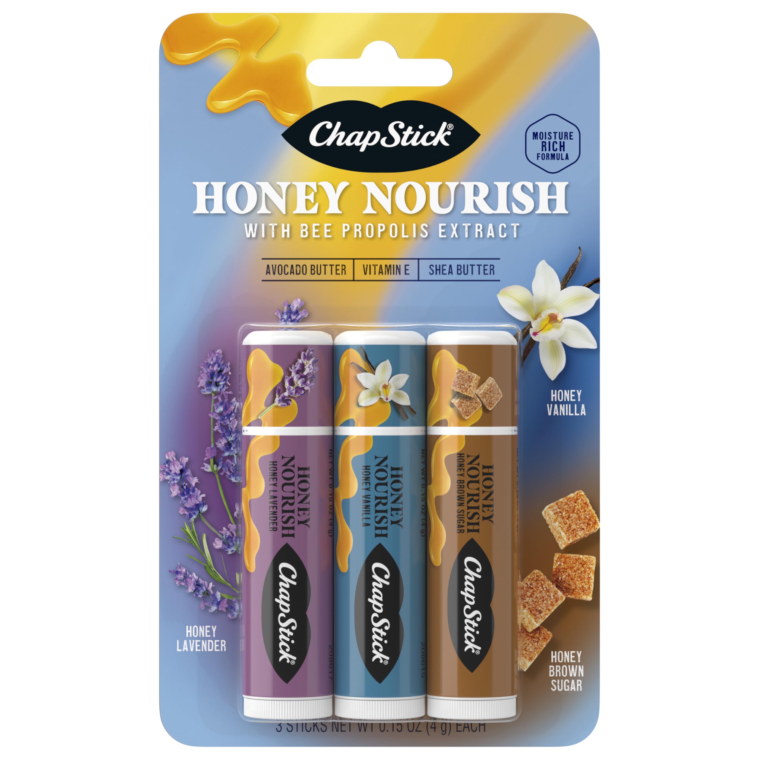 ChapStick Lip Balm Honey Nourish, Moisturizing Fomula with Shea Butter and Avocado Butter, Vitamin E, Flavors Honey Lavender, Honey Vanilla, Honey Brown Sugar, 3CT BC .45OZ