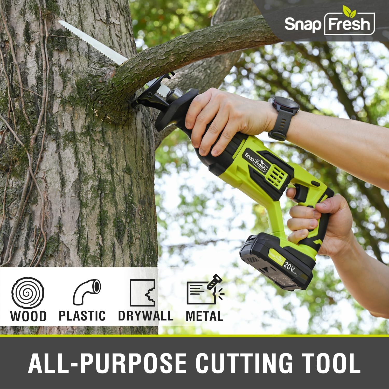 SnapFresh 20V Cordless Reciprocating Saw –3000 SPM, Variable Speed Trigger, Tool-Free Blade Change, LED Light, Lightweight & Compact for Wood, Metal, Plastic, 2.0Ah Battery & Fast Charger Included