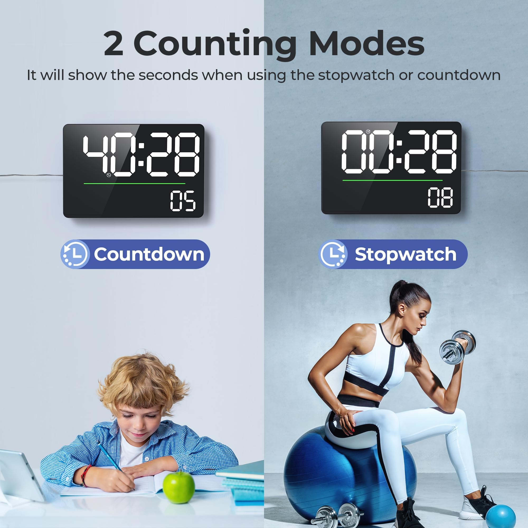 GOLOZA 16" Large Digital Wall Clock with Remote Control, DST, Stopwatch, Timer, Auto/Custom Dimmer, Temp, Humidity, Dual Alarms, Mounted, Room Dรฉcor for Living Room/Gym/Garage, Gift for Elderly
