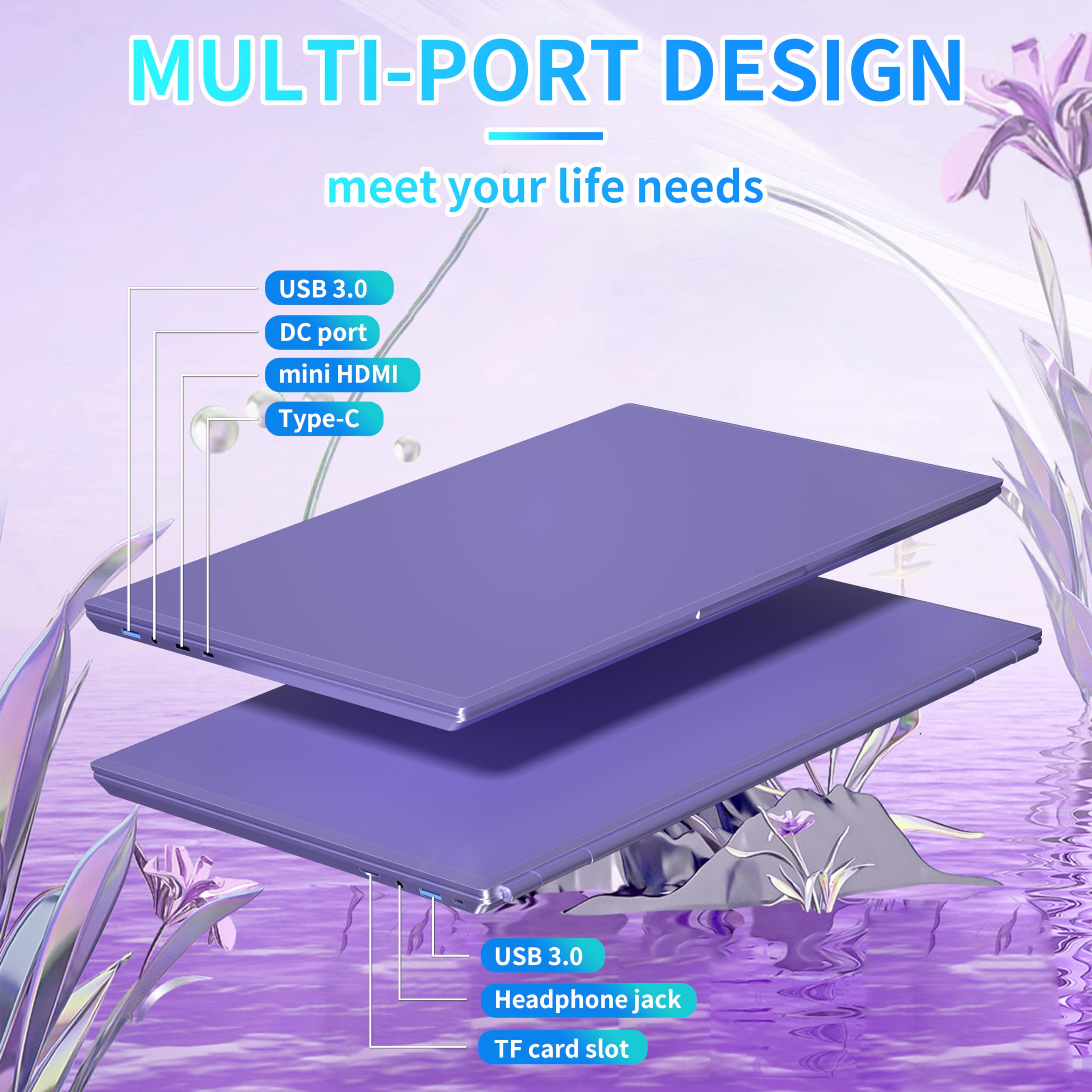 【Win 11 Pro/Office 2019】 16" Laptop Ultra-Narrow bezels 2.5K FHD(2560x1600) IPS Screen, Celeron N5095,16G RAM, 256GB SSD, Color Backlit KB, Fingerprint Reader, WiFi, Type-C, HDMI(16G+256GB, Purple)
