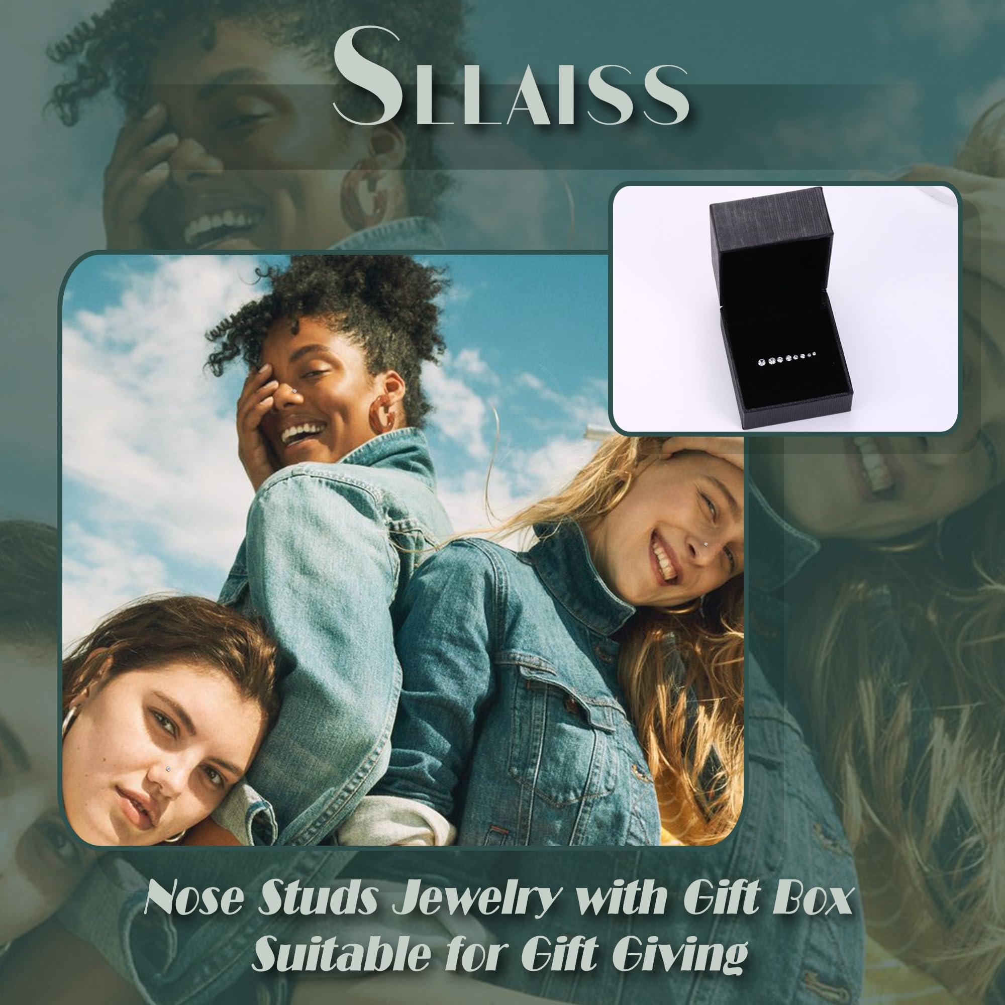 Sllaiss 8 Pcs 20G Nose Ring Studs Made with Austrian Crystal for Women Stainless Steel 1.5mm 2mm 2.5mm 3mm Nose Piercings Set Body Jewelry Hypoallergenic