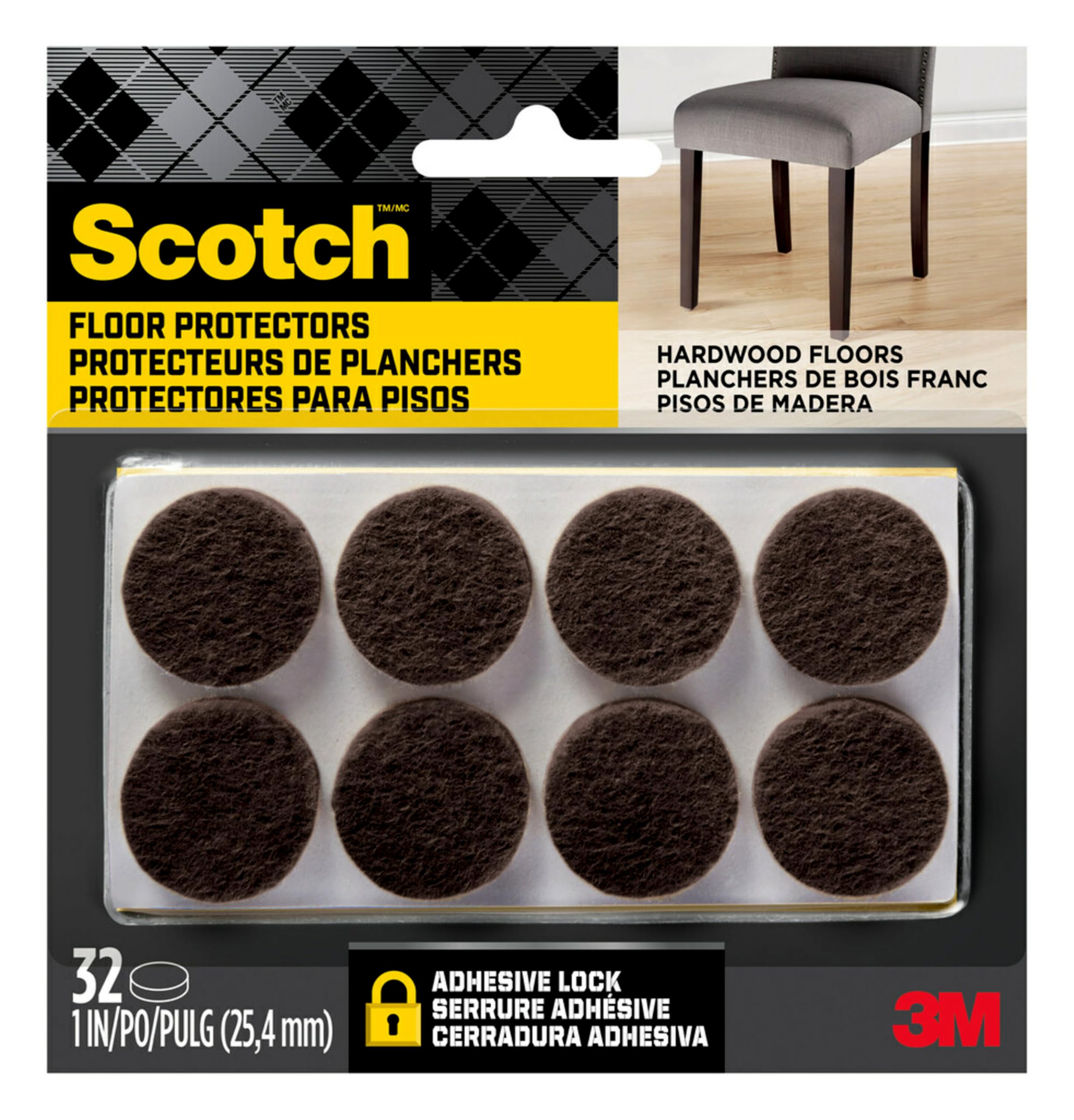Scotch Felt Pads 32 PCS Brown, Felt Furniture Pads for Protecting Hardwood Floors, 1" Round, Easy-to-Apply, Self-Stick Design, Reliable Protection from Nicks, dents and Scratches (SP822-NA)