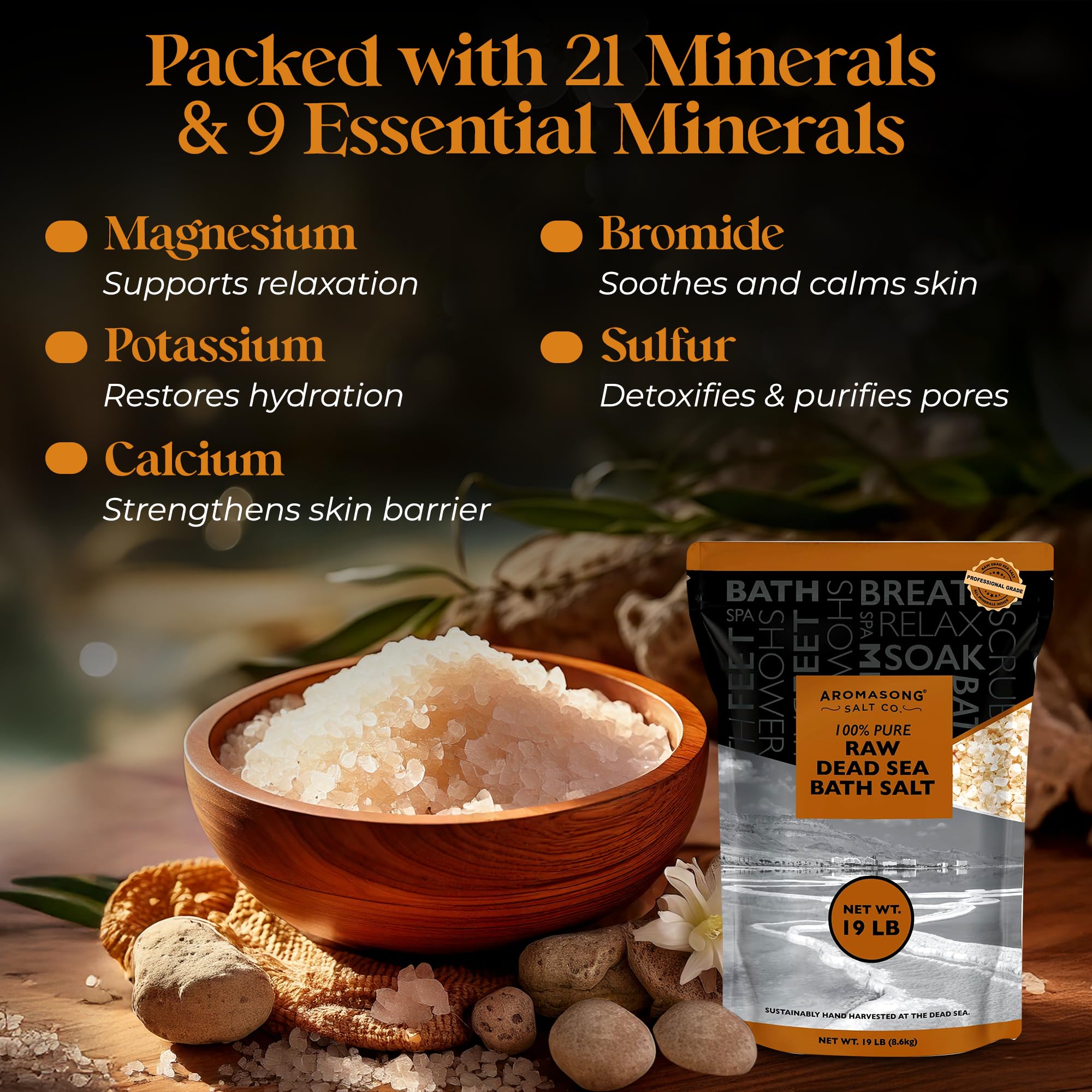 Aromasong Raw Dead Sea Bath Salt - Minimally Cleaned, Contains More Dead Sea Minerals Including Dead Sea Mud - 100% Pure & Natural Dead Sea Salts for Soaking 19 LB - Bulk Resealable Pack