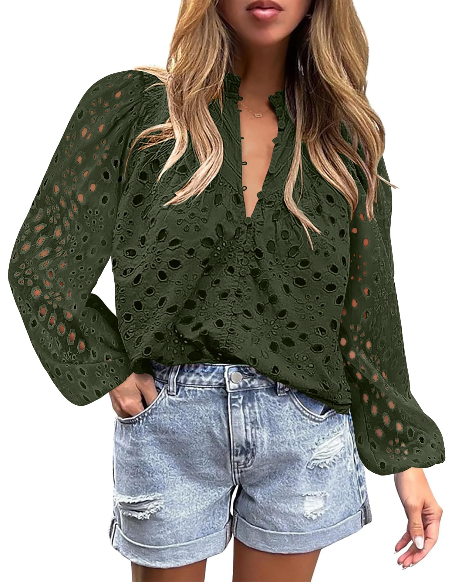 BETTE BOUTIK Plus Size Tops for Women Tunic lace top for Women Dressy Long Sleeve Cute Blouse for Woman Army Green XX-Large