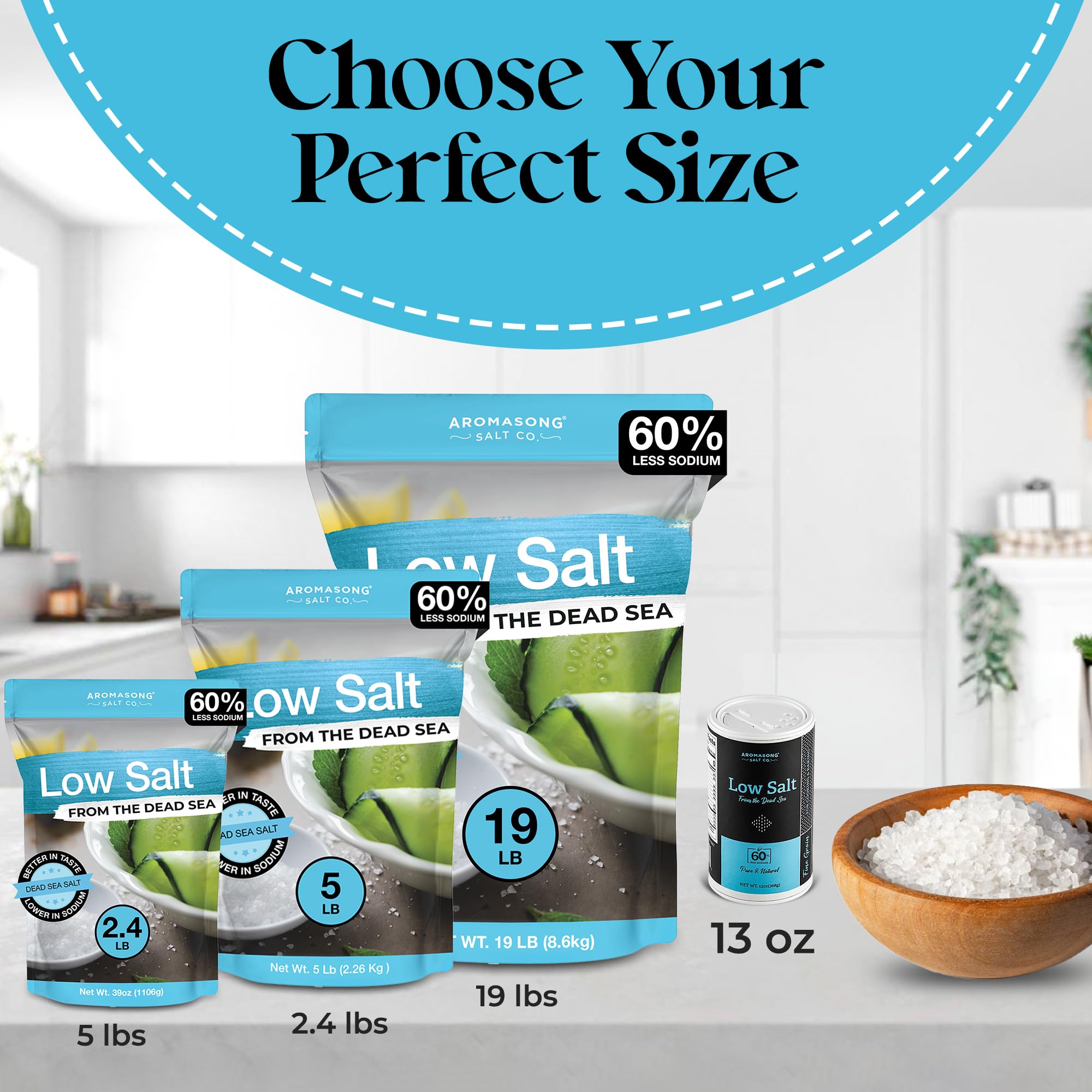 Aromasong Low Sodium Sea Salt 13 OZ. Salt Shaker 100% Natural Fine Grain Dead Sea Potassium Chloride with Dead Sea Salt.