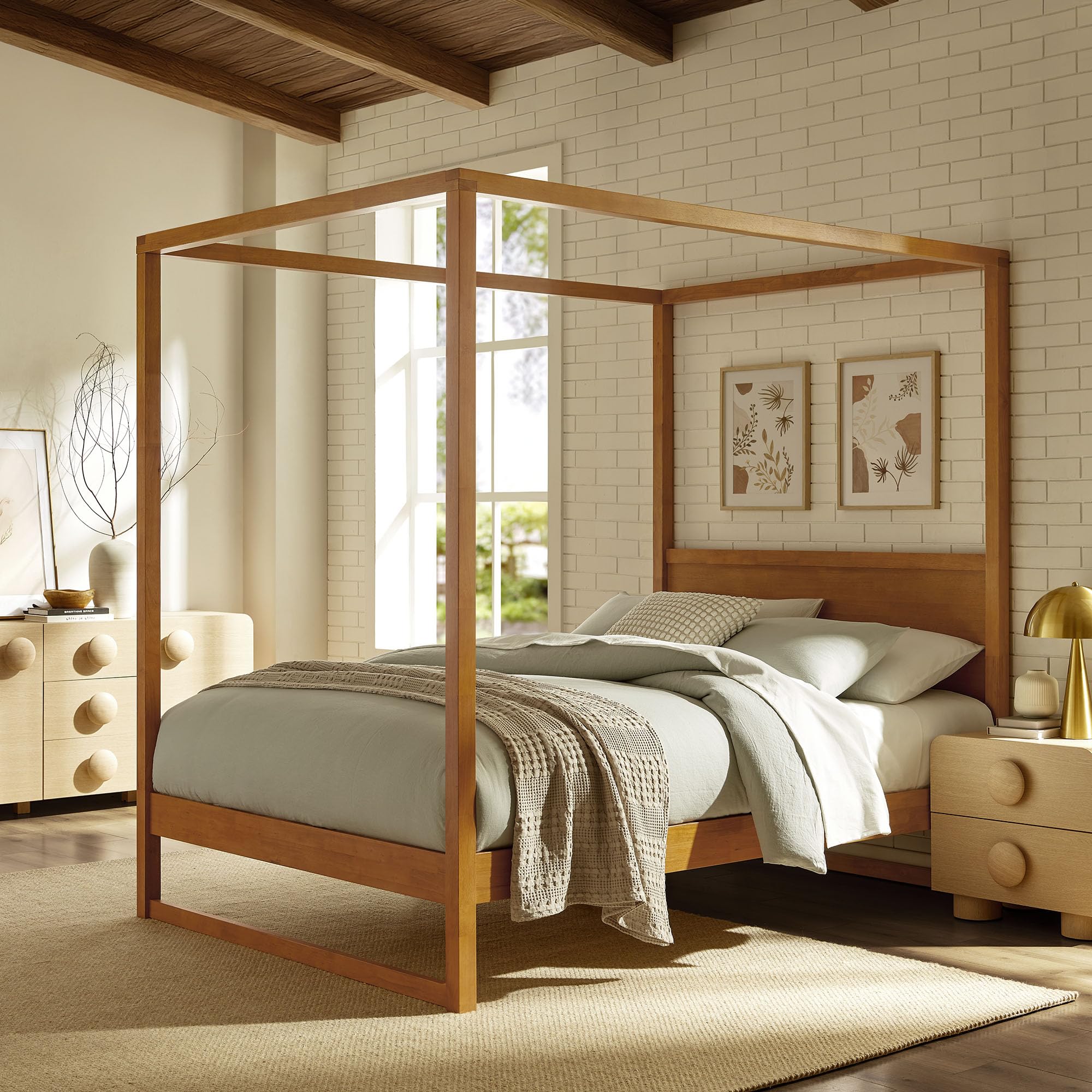 Modway Alva Queen Size 4-Post Wood Platform Canopy Bed in Oak – with with Headboard and Solid Rubberwood Frame