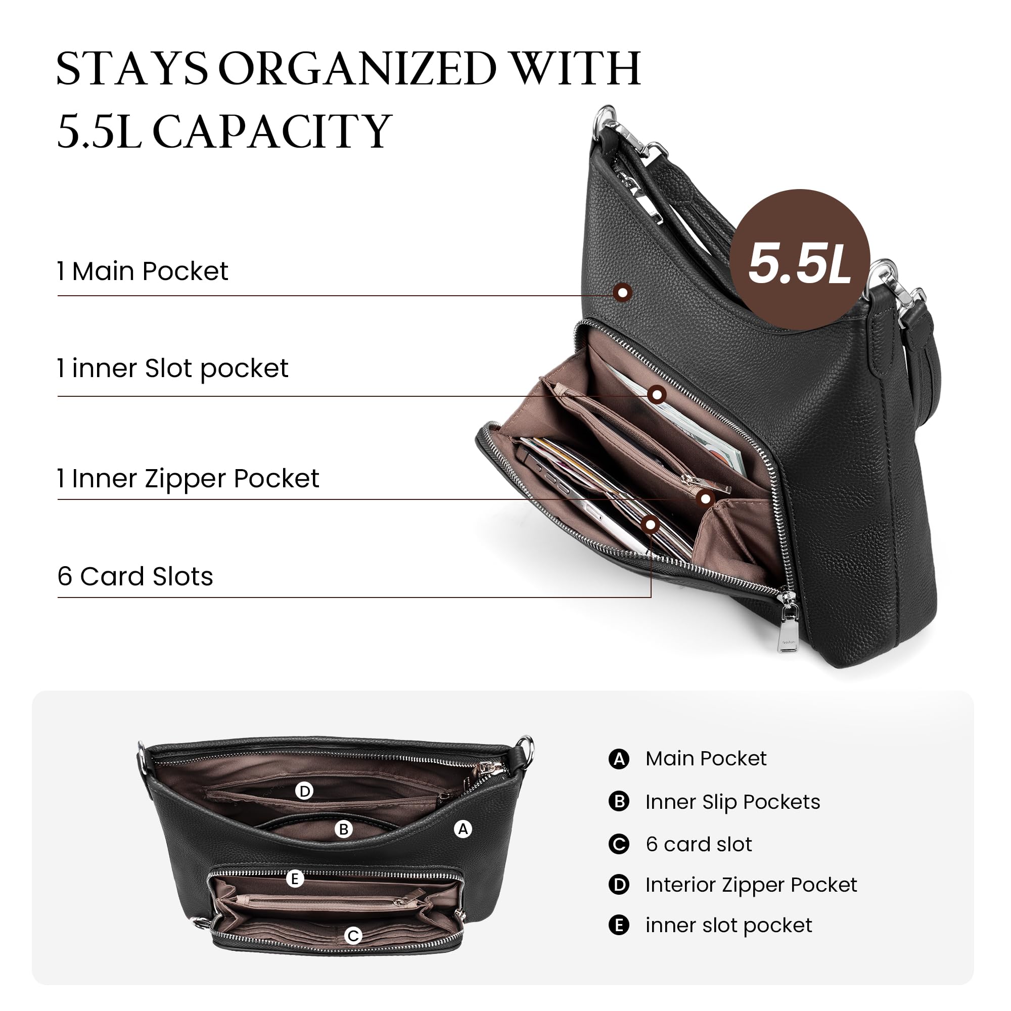 befen Genuine Leather Hobo Bag Purses for Women, Anti Theft Built in RFID Wallet Crossbody Bag Purses, Soft Real Women's Shoulder bag Handbags with 2 Adjustable Shoulder Straps and 4 Zippers,Black