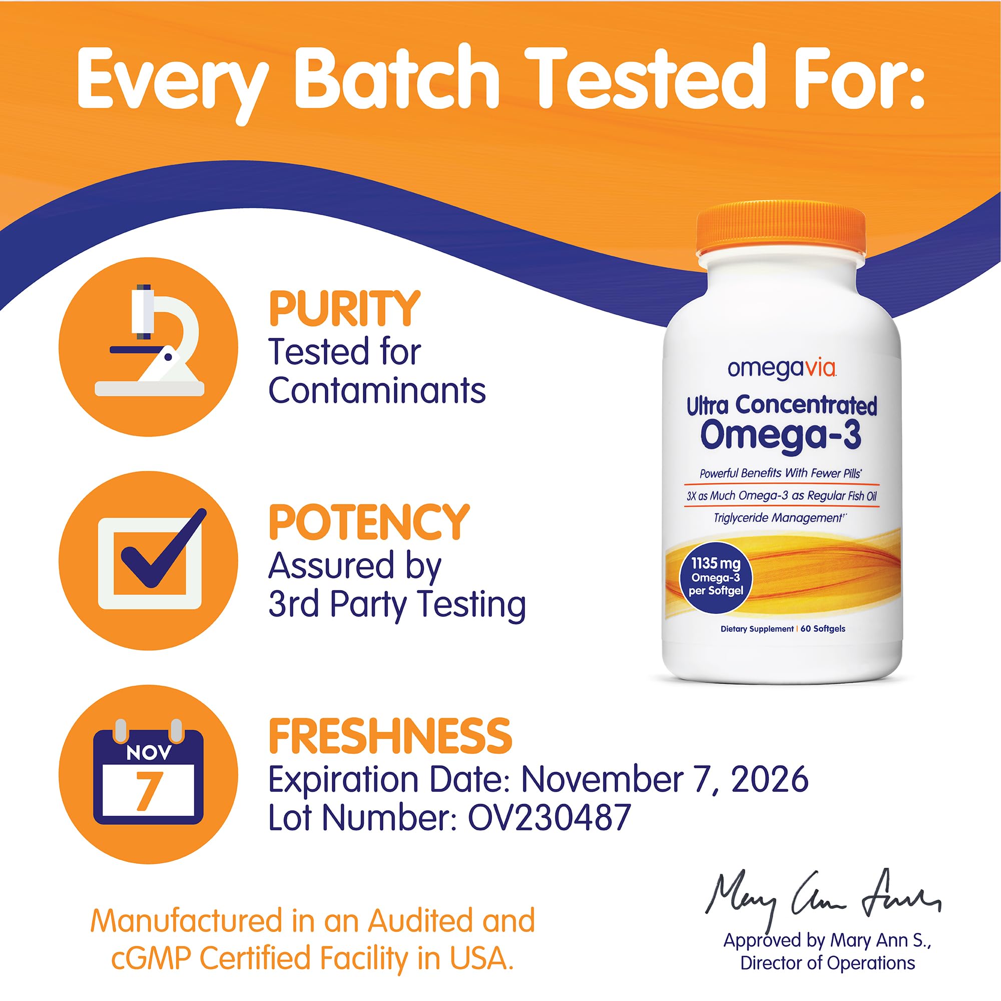 OmegaVia Ultra Concentrated Omega 3 Fish Oil Burpless, 60 Softgels, Triple Strength Omega 3 Fish Oil Supplements, 1135 mg Pure Omega3, No Fishy Burps, High EPA DHA DPA, IFOS 5-Star