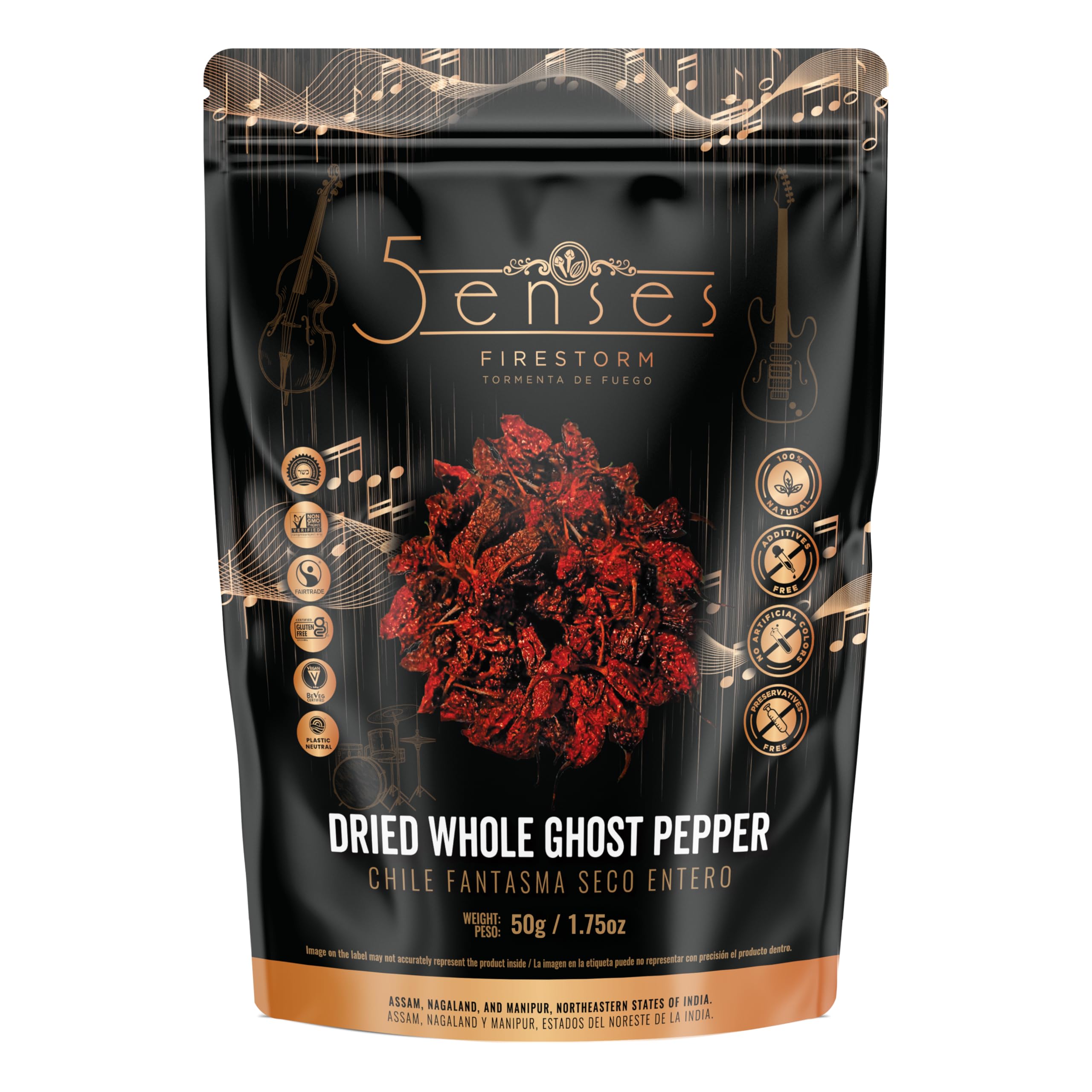 5Senses Dried Whole Ghost Peppers | Bhut Jolokia, Chile Fantasma | Firestorm | Single Origin, 100% Natural, Non-GMO, Fairtrade, Vegan Spice, Whole Chili Pods | Assam Ghost Chili | Naga Jolokia | Super Hot Pepper | Extreme Heat Chili (1.75oz/50g)