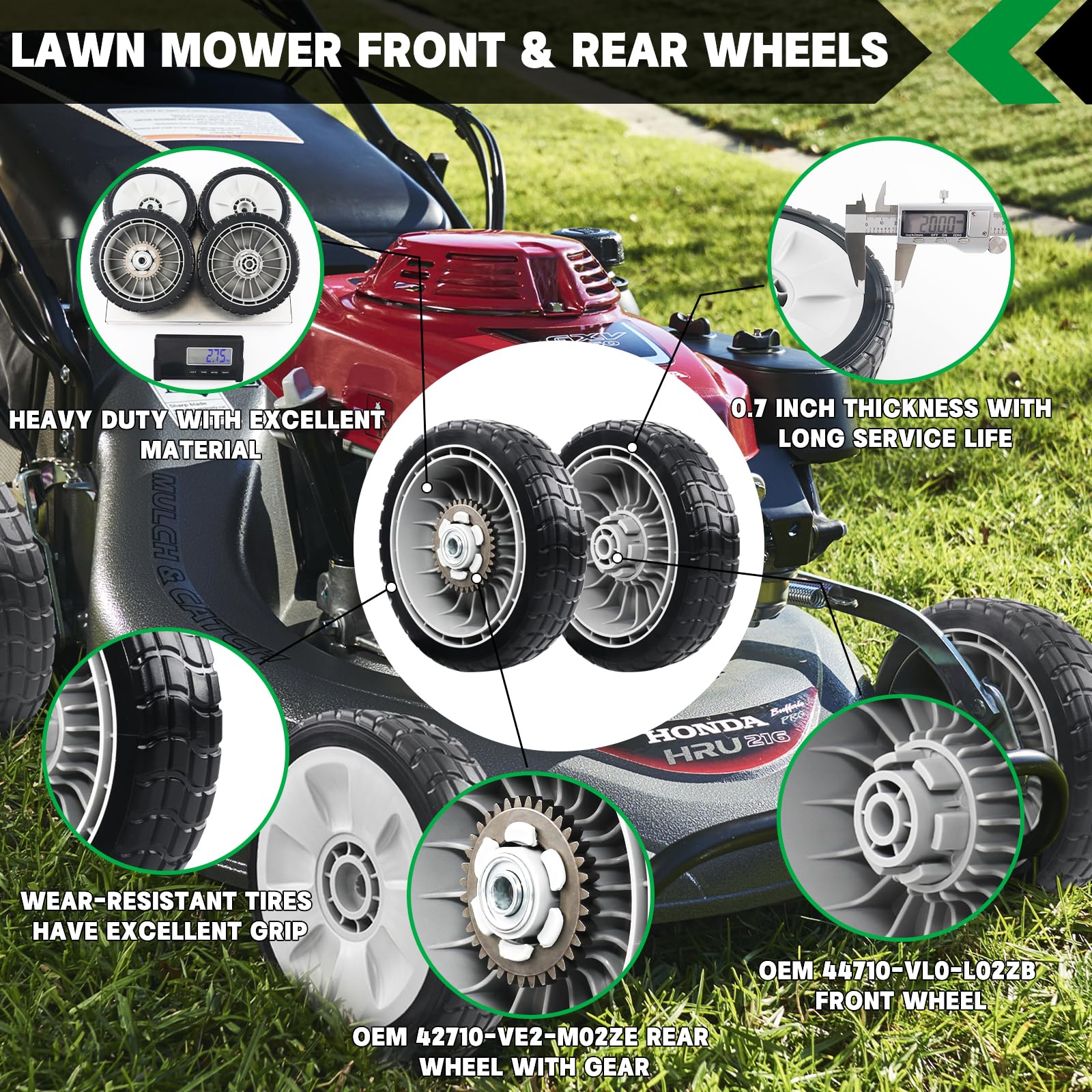 CheeMuii 4 Pack HRR216 Lawn Mower Drive Wheels 2 Rear Wheels 42710-VE2-M02ZE and 2 Front Wheels 44710-VL0-L02ZB Replace for Honda HRR216 HRS216 HRT216 Lawn Mower