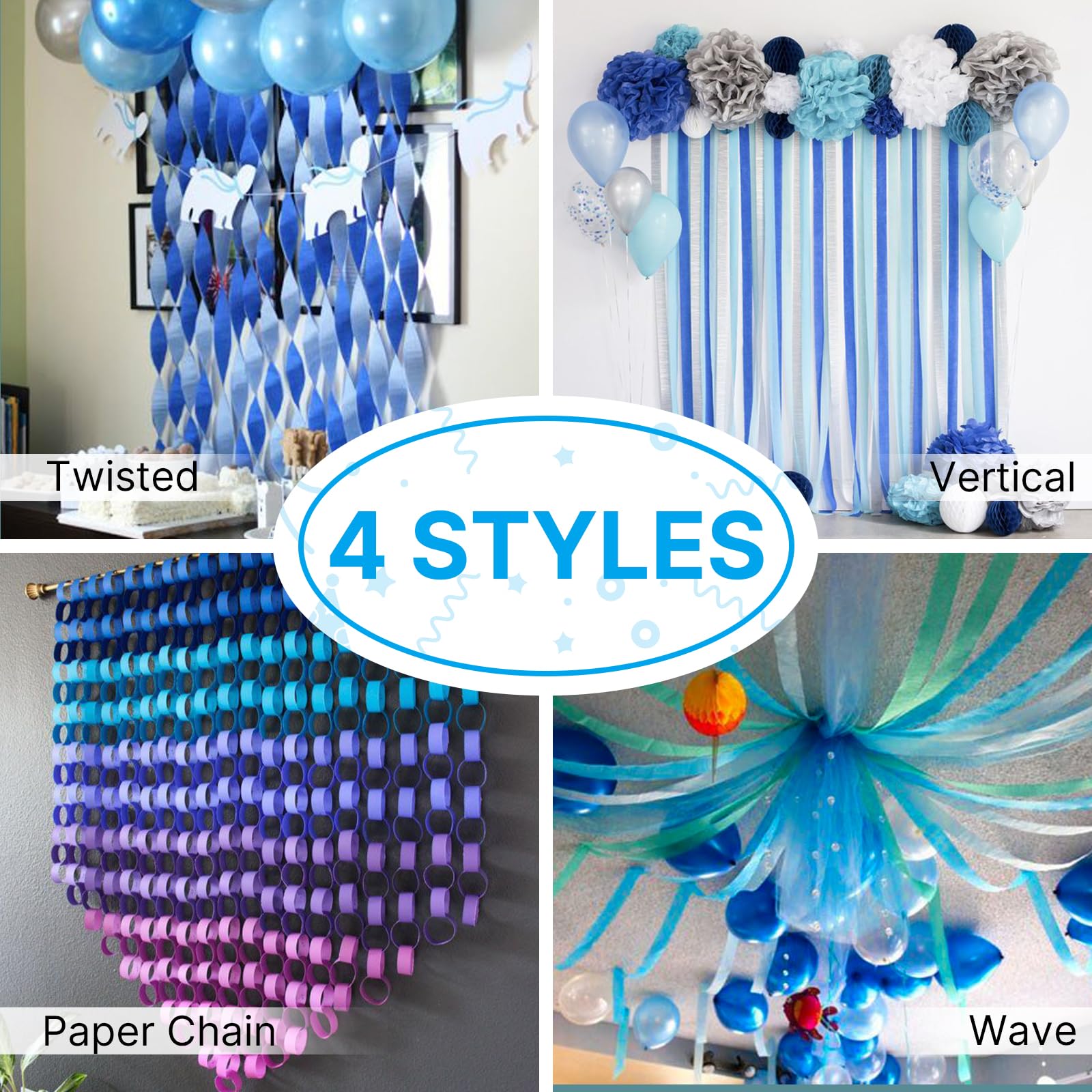 PartyWoo Crepe Paper Streamers 4 Rolls 328ft, Pack of Crepe Paper Royal Blue and Light Blue Streamers Party Decorations, Crepe Paper for Birthday Decorations, Party Decorations (1.8 In x 82 Ft/Roll)