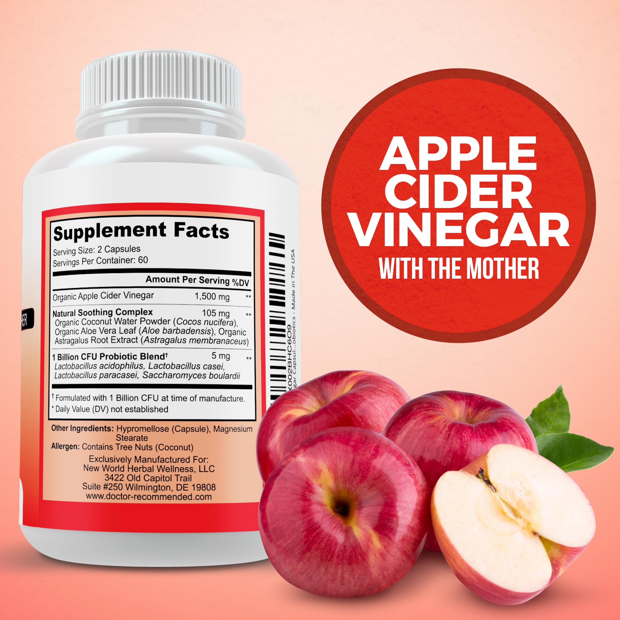 Apple Cider Vinegar Capsules - 100% Organic Apple Cider Vinegar Pills 1500 mg - Natural Digestion, Immune Booster Support & Cleansing Supplement with Probiotics - Made in The USA