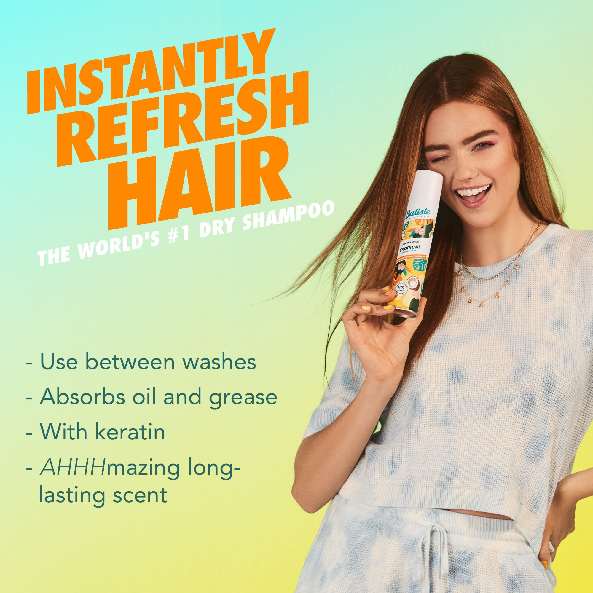 Batiste Dry Shampoo, Tropical Fragrance, Refresh Hair and Absorb Oil Between Washes, Waterless Shampoo for Added Hair Texture and Body, 6.35 OZ Dry Shampoo Bottle