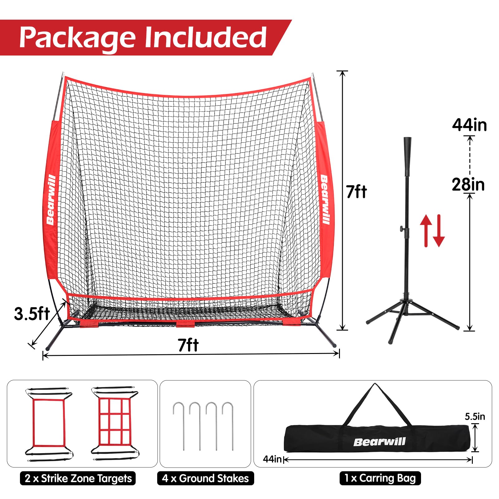 Bearwill Baseball Net, 7x7ft Baseball Softball Pitching Net with Large Ball Collection System, Hitting Net Batting Net with Tee, 2 Strike Zones, Carry Bag, Baseball Nets for Batting Hitting Pitching
