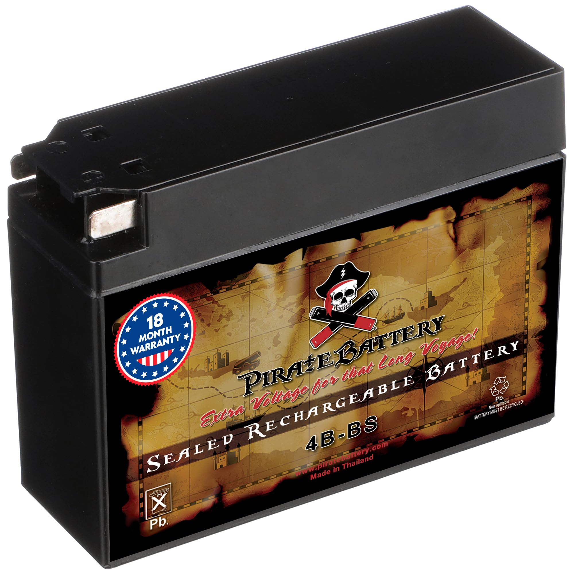 Pirate Battery YTX4B-BS 12 V 40 CCA AGM – Maintenance-Free 2 Ah Battery for Scooter, Pocket Bike, Mini ATV – Tab Terminal – Fits Yamaha Zuma 50, Honda Metropolitan, Razor Pocket Mod