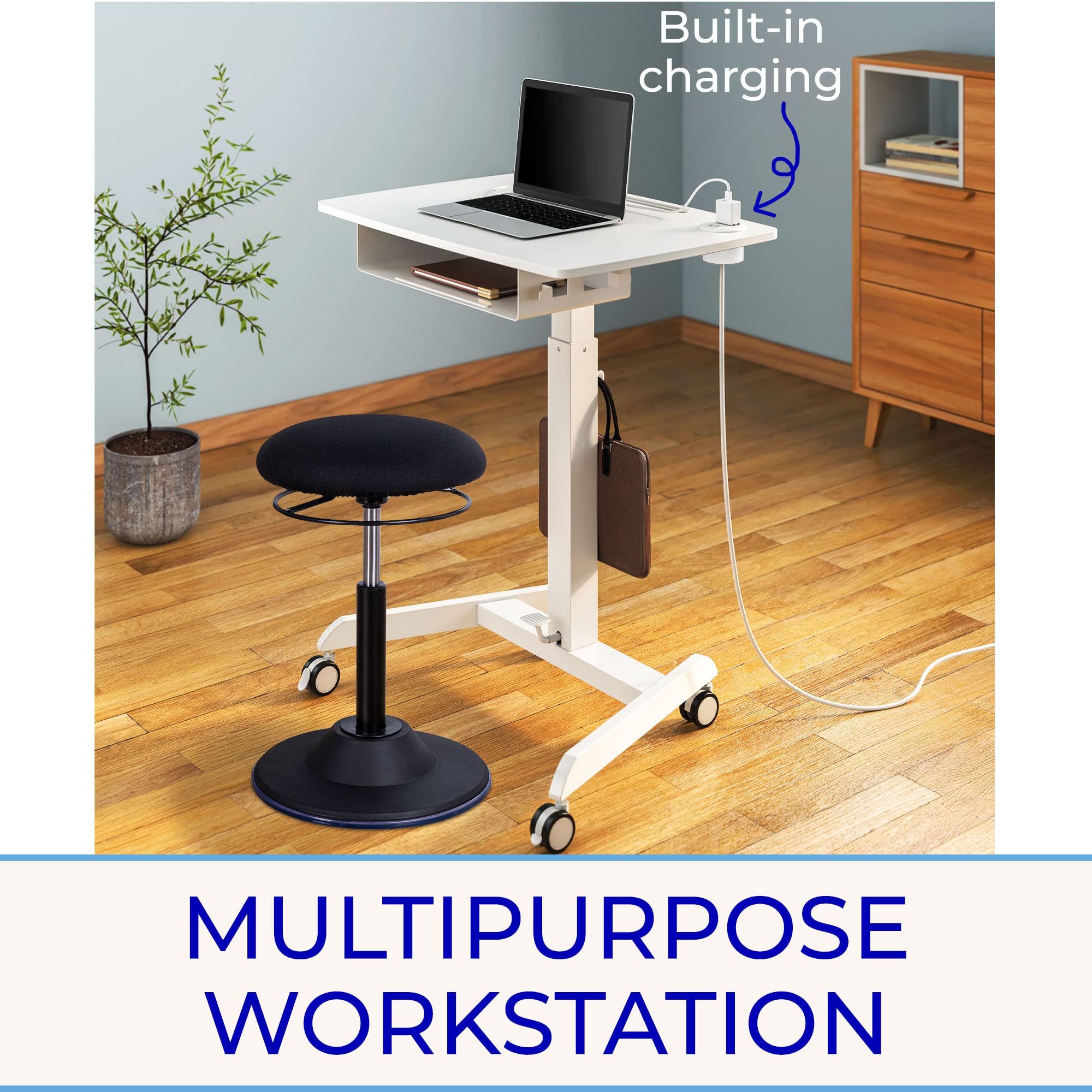 Stand Steady Cruizer™ Mobile Podium with UL Safety Certified Power Outlets | 31in Height Adjustable Student Desk with Built-In Storage | Portable Standing Desk | Rolling Laptop Desk (White/31 x 22in)