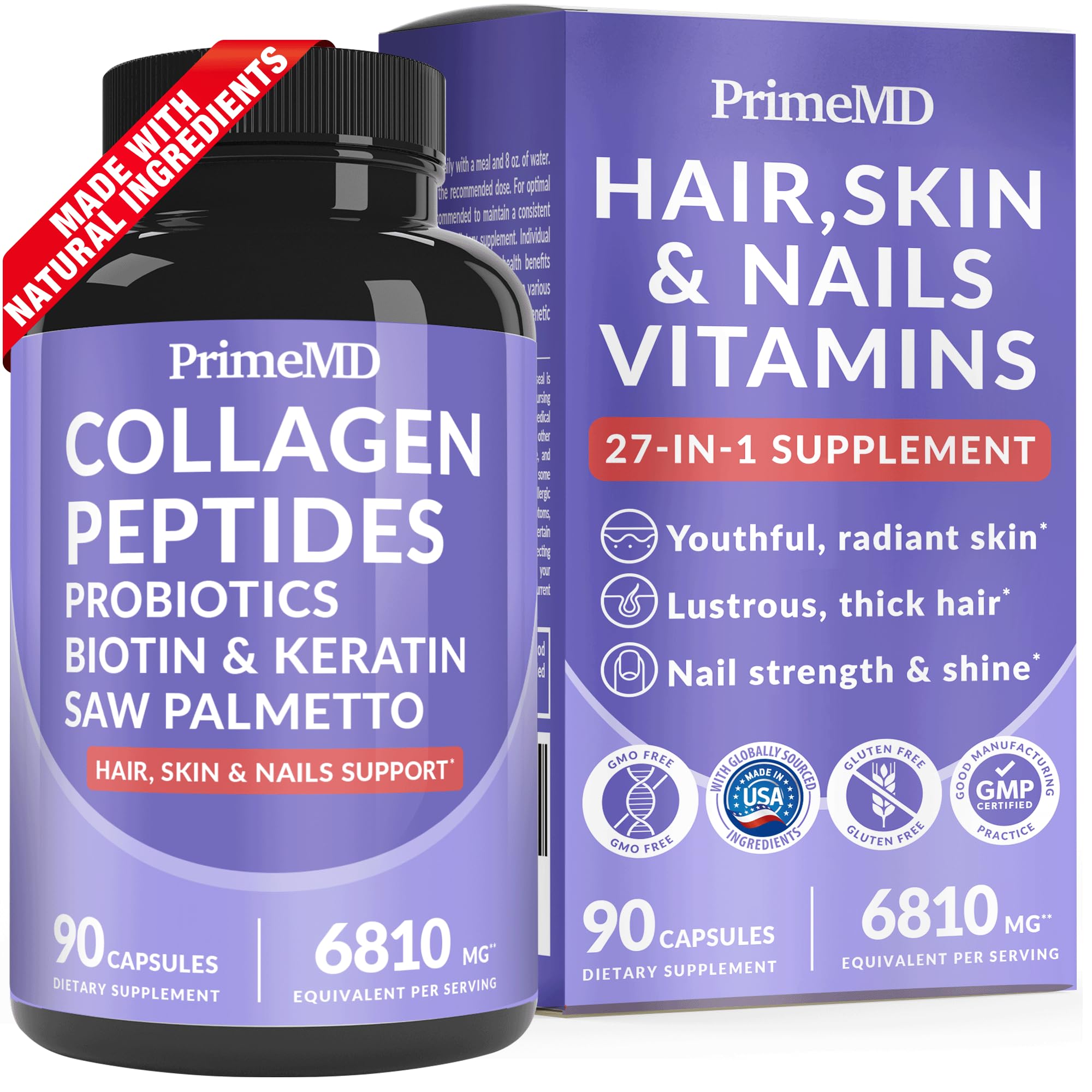 27-in-1 Hair Skin and Nails Vitamins (6810mg) with Biotin 10000mcg - Collagen Supplements for Men and Women - Keratin Supplements with Probiotics and Saw Palmetto, 90ct