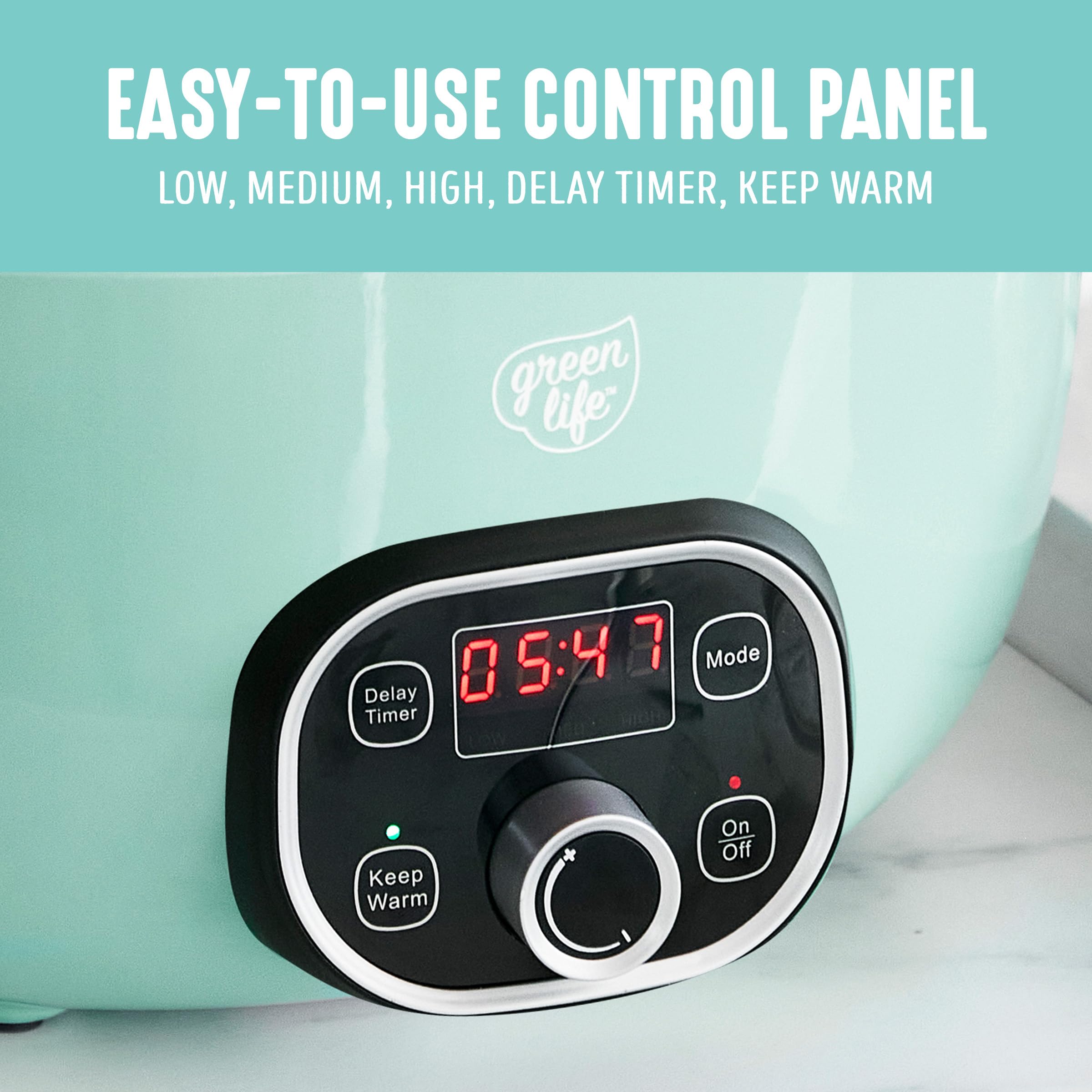 GreenLife 6QT Ceramic Slow Cooker, PFAS-Free, Programmable, Removable Healthy Nonstick Pot for Family Meals, Sear on Stovetop, Keep Warm, Digital Timer, Dishwasher Safe Crock, Turquoise