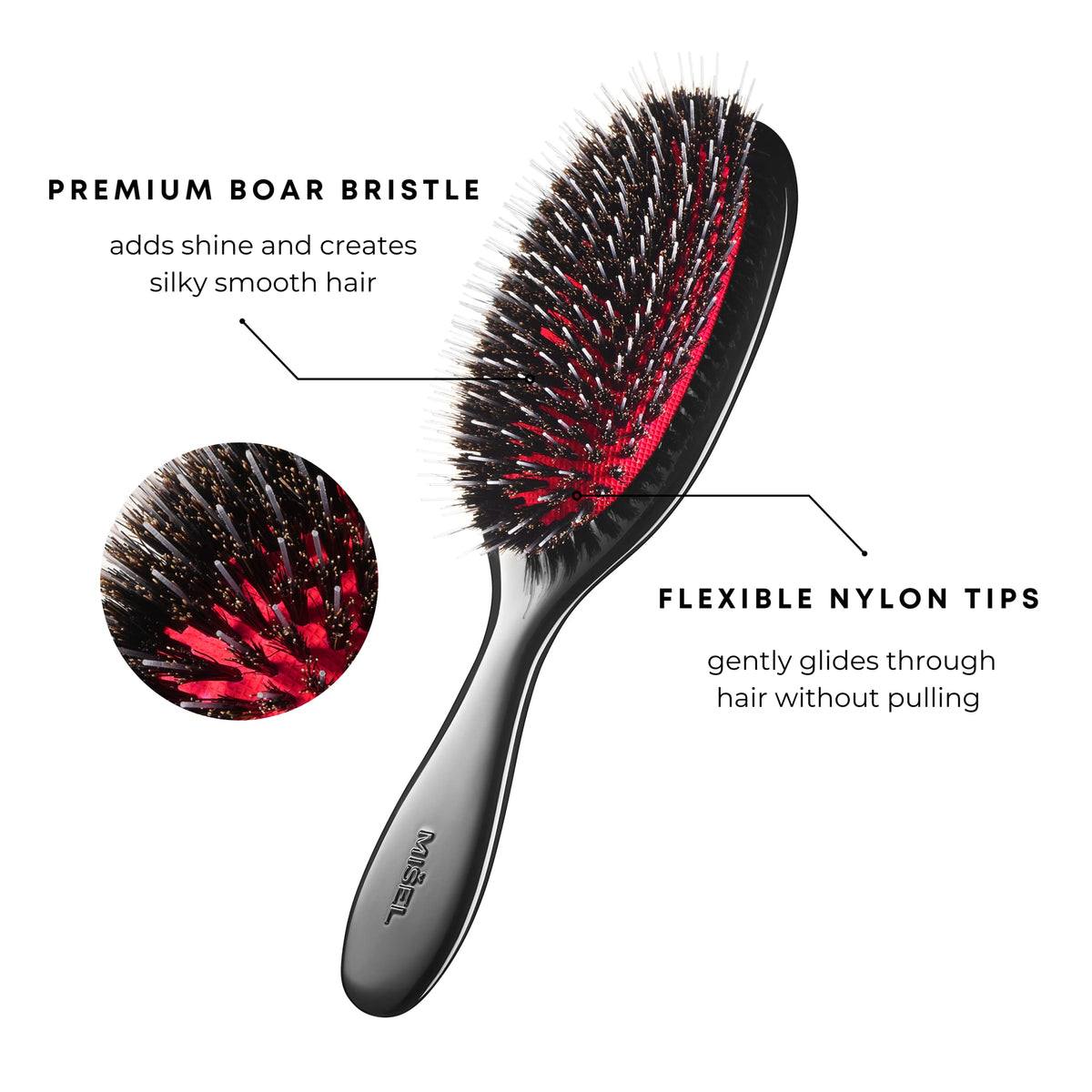 MISEL Professional Boar Bristle Hair Brush for Women and Men | Detangles All Natural Hair Types and Hair Extensions | Reduces Breakage | Great for Wavy and Straight Hair | Salon-Approved | Medium