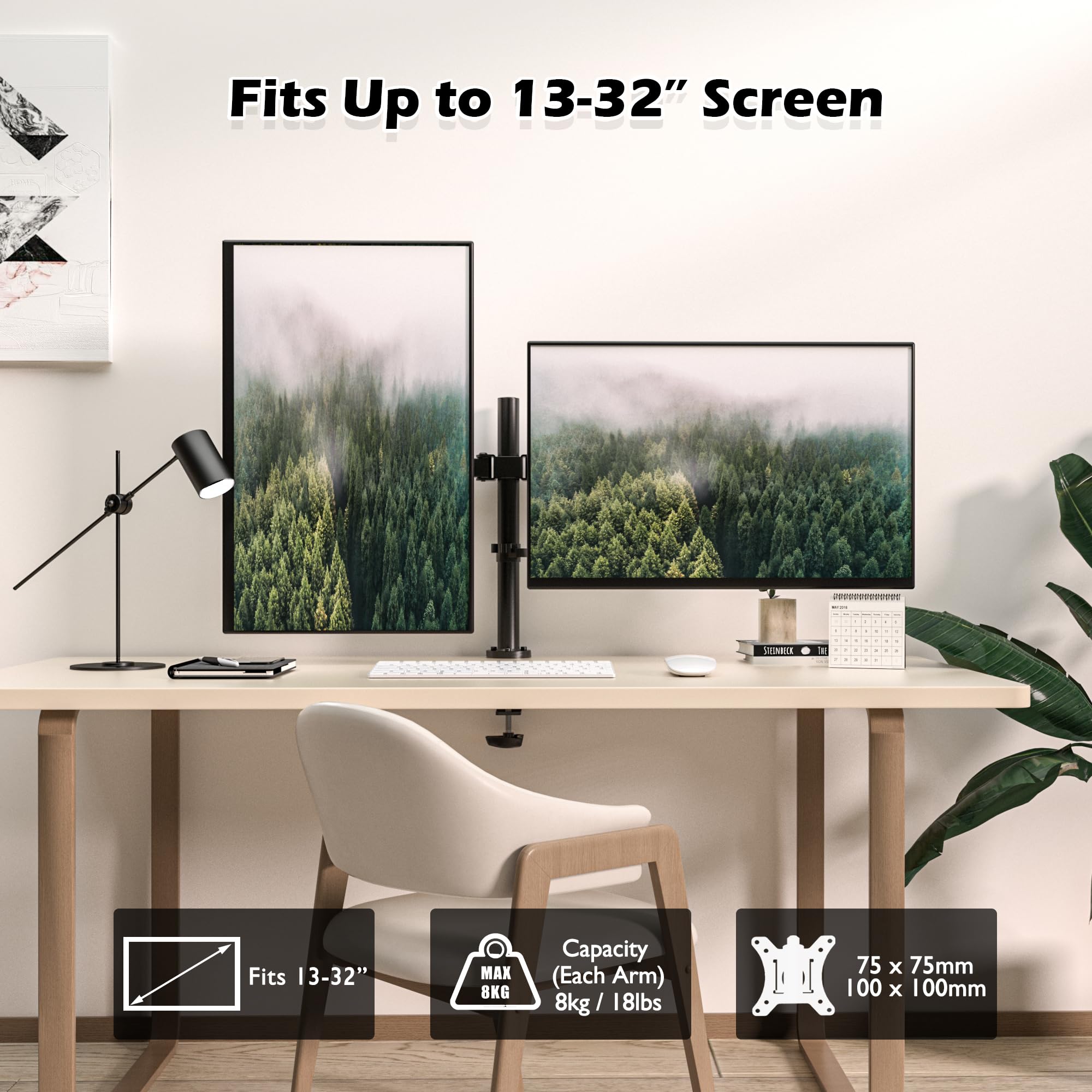 BONTEC Dual Monitor Mount for 13-32 Inch LCD LED PC Screens, Double Monitor Stand for Desks, Height Adjustable Dual Monitor Arm with Tilt ยฑ45ยฐ/ Swivel 180ยฐ/ Rotate 360ยฐ/ VESA 75/100mm
