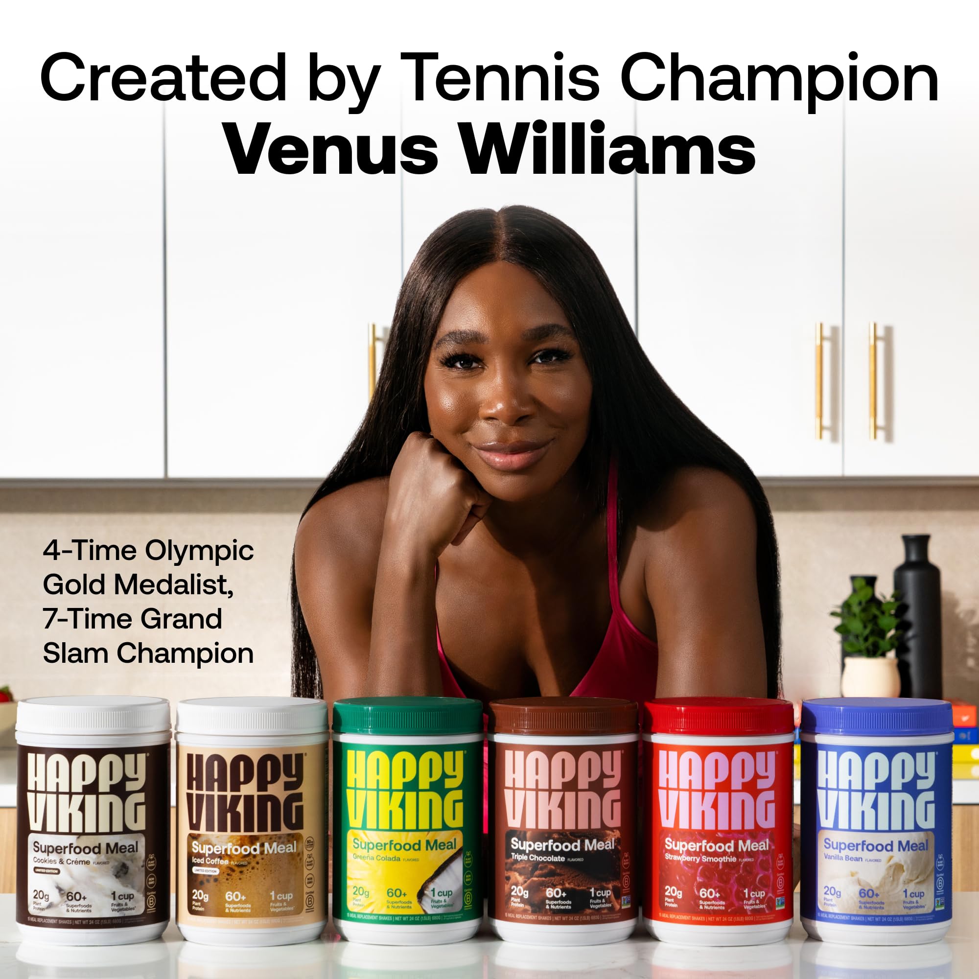 Happy Viking Strawberry Protein + Superfoods Powder, Created by Venus Williams, 20G Protein, Low Carb, Keto, Vegan, Gluten-Free, Non-GMO, Superfoods, Complete Meal Replacement, 1 Canister (24 oz.)