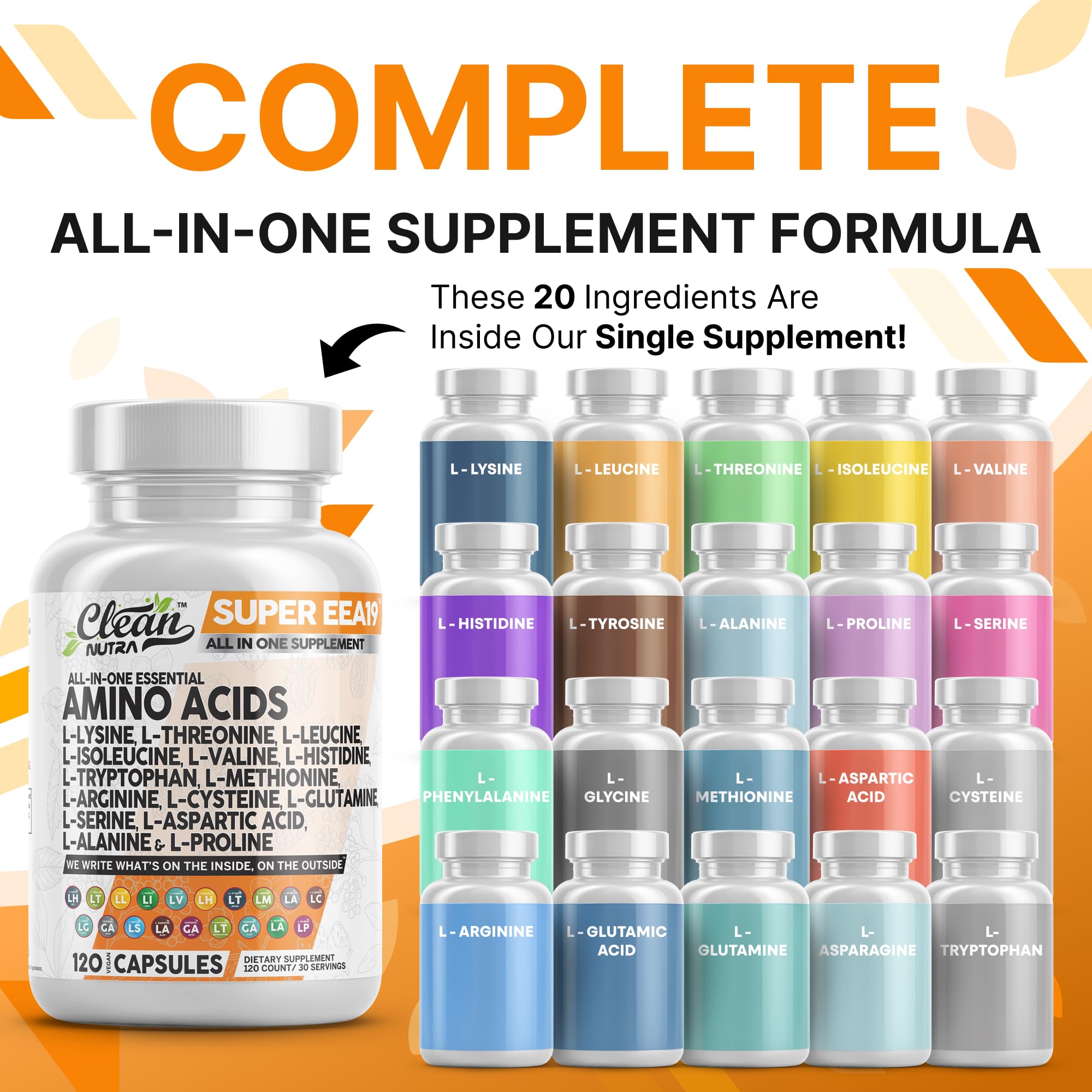 Clean Nutraceuticals Amino Acids Supplement L-Lysine, L-Threonine, L-Leucine, Isoleucine, Valine, L-Histidine, L-Tryptophan, L-Methionine, L-Arginine, L-Cysteine, L-Glutamine, L-Serine, Aspartic Acid