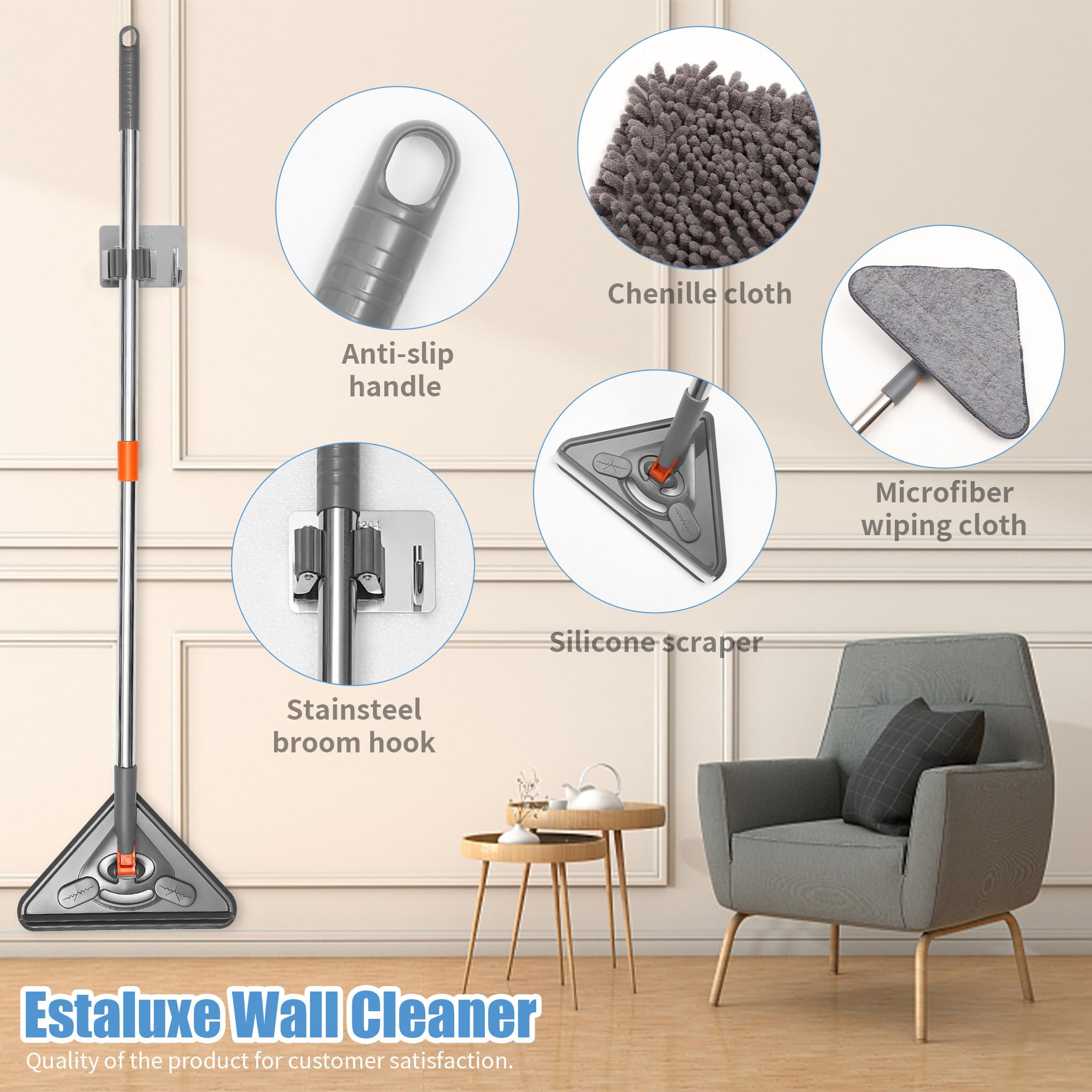 ESTALUXE 85" Wall Mop Cleaner with Long Handle and Stainless Steel Hook - 180° Rotating Wall Cleaner - Duster Tool for Walls, Multifunctional Scrapper, Ceiling, Windows and Floor with Extension Poles