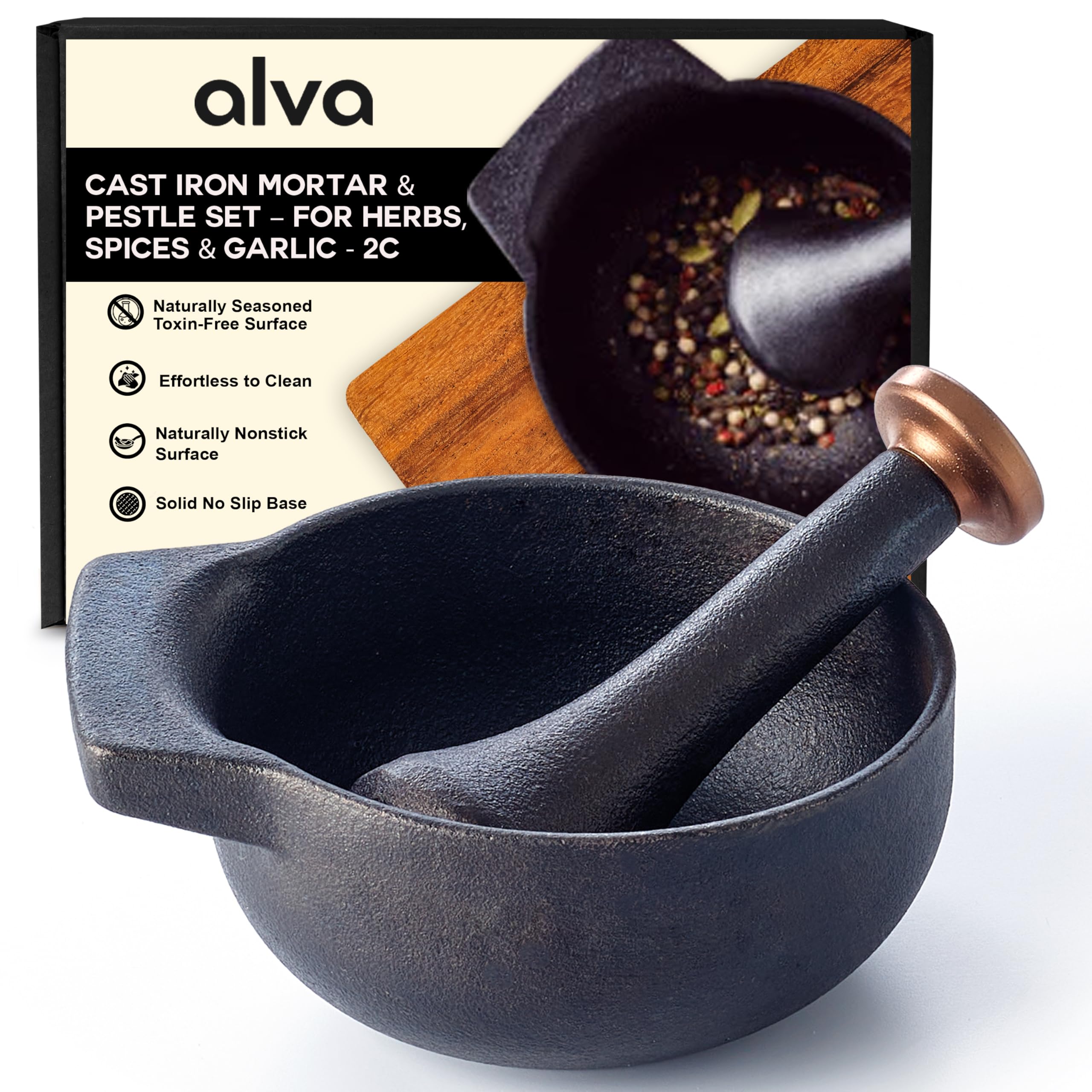 Alva Nori Enameled Cast Iron Mortar & Pestle 2-Cup 4" – Made with No PTFE/PFOA/PFAS & Easy to Clean – Durable, Nonstick Finish for Grinding, Crushing & Mixing Herbs, Spices & Ingredients