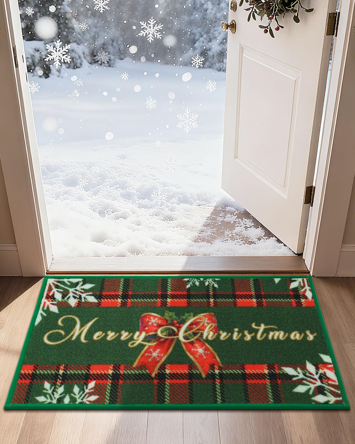 JSEI Door Mat Green Buffalo Plaid Christmas Mat 17"x30", Non-Slip Mats for Entryway with Merry Christmas Greeting and Bow Snowflake Design, Machine-Washable Xmas Doormat for Front Back Door