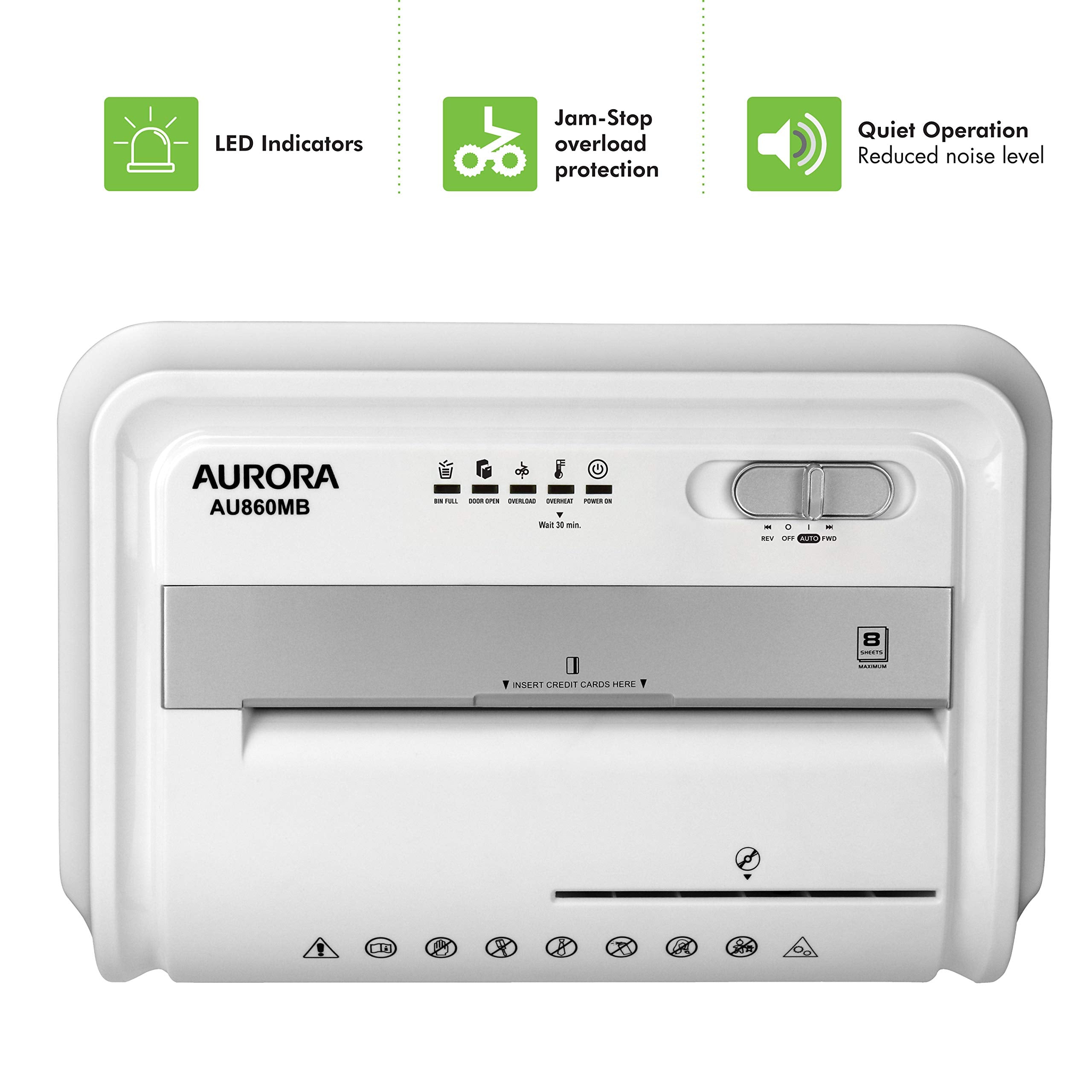 Aurora High-Security 8-Sheet Micro-Cut Paper, CD/DVD and Credit Card Shredder, White/Gray