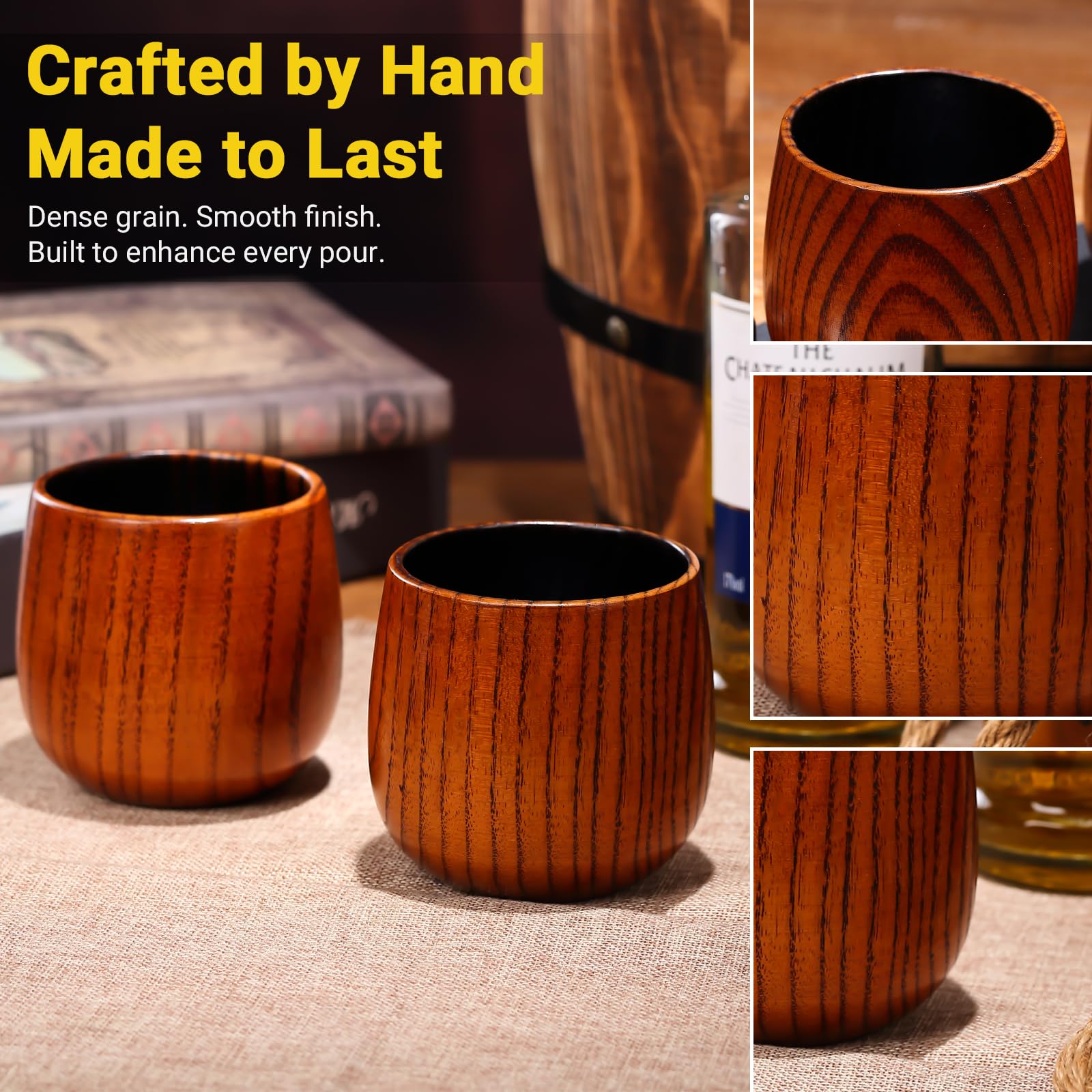 4PCS Charred Wooden Whiskey Glass – Handcrafted Solid Wood Tumbler for Men | Unique Whiskey Gifts | Natural Grain, Flame-Finished Bourbon Glass,Fathers Day Gifts For Dad,Him,Husband