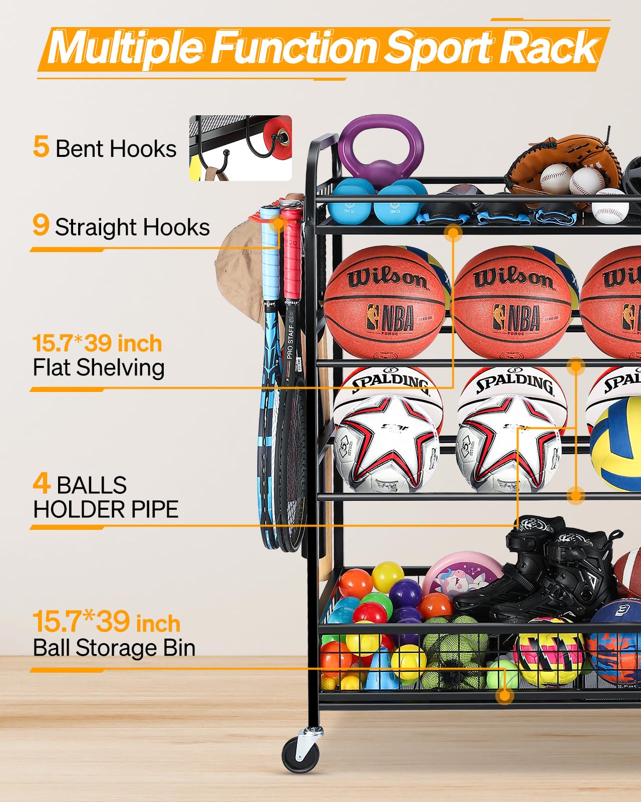 EXTCCT Garage Sports Equipment Organizer - Rolling Ball Storage Bin with Wheels, Garage Sports Gear Rack Outdoor Basketball Racks for Balls with Baseball Bat Holder and Hooks, Toy Organizer